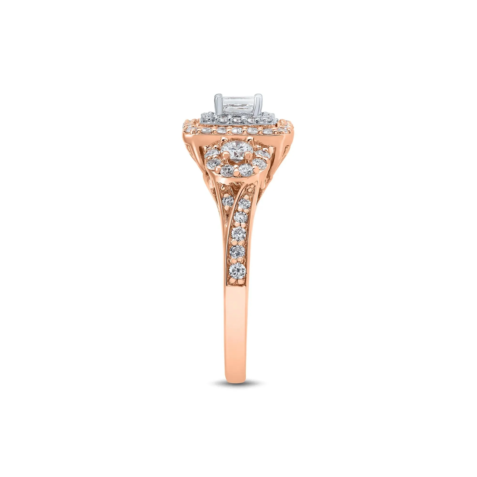 1 CT. Tw. Double Halo Emerald-Cut Diamond Engagement Ring 14K Rose Gold Size 9 - Image 2