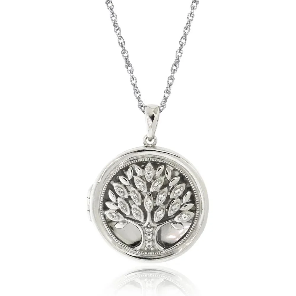 Family Tree Photo Locket with Lab Created White Sapphires .925 Sterling .925 Sterling Silver Necklace Size 18"