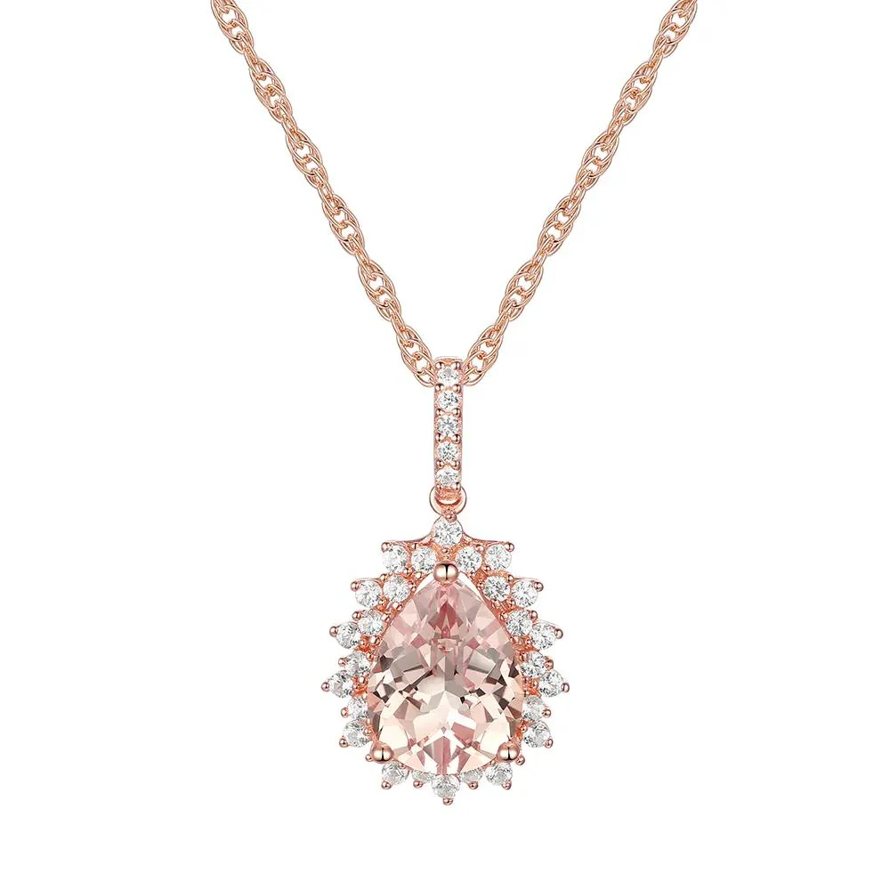 1/4 CT. Tw. Pear-Shaped Morganite & Diamond Halo Pendant Necklace 10K Rose Gold Size 18"