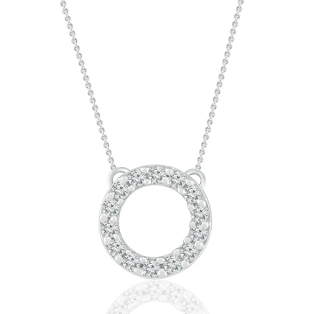 1/10 CT. Tw. Diamond Circle Pendant Necklace with Prong Setting .925 Sterling Silver White Size 18"