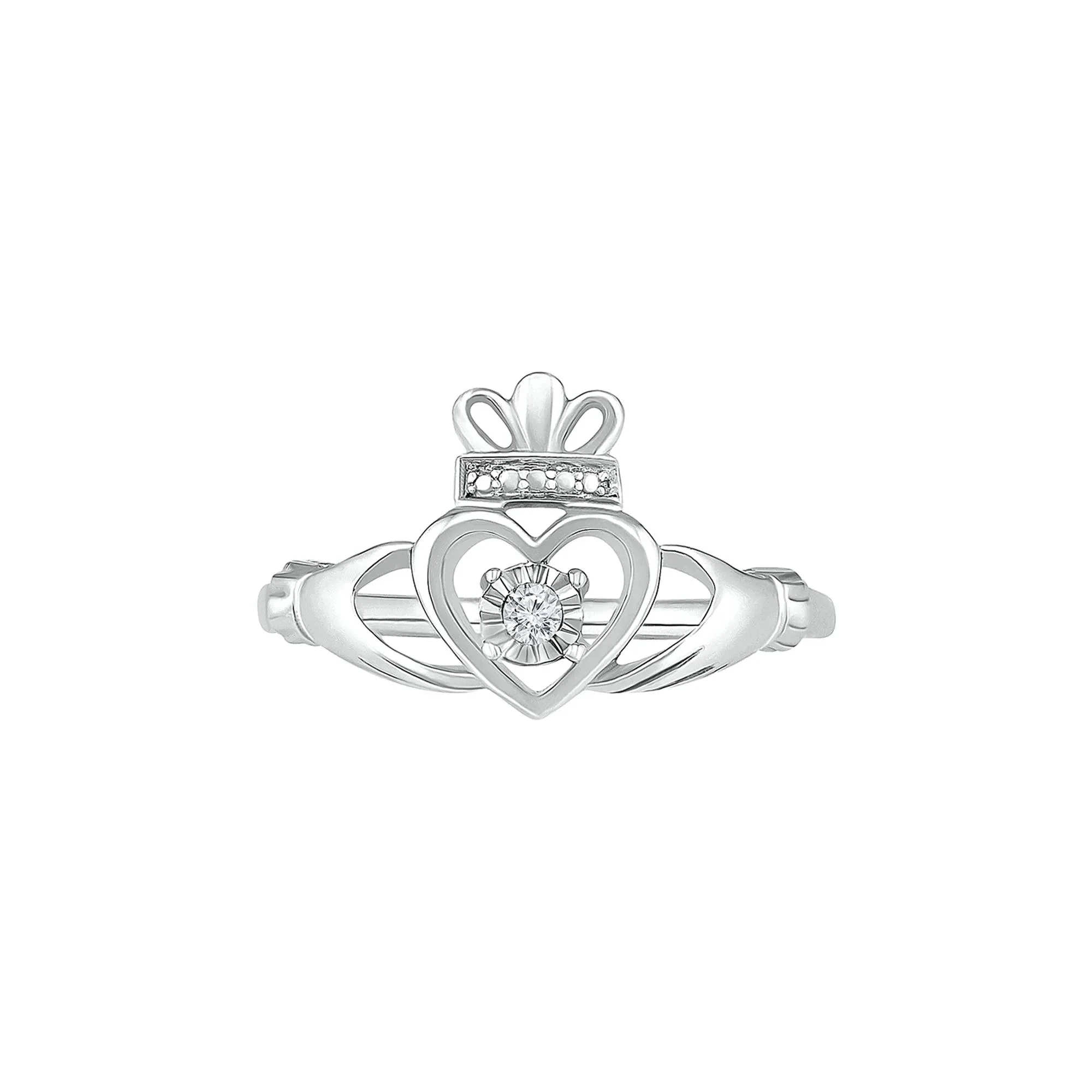 Diamond Claddagh Ring .925 Sterling Silver Round Brilliant Cut White Size 6.5