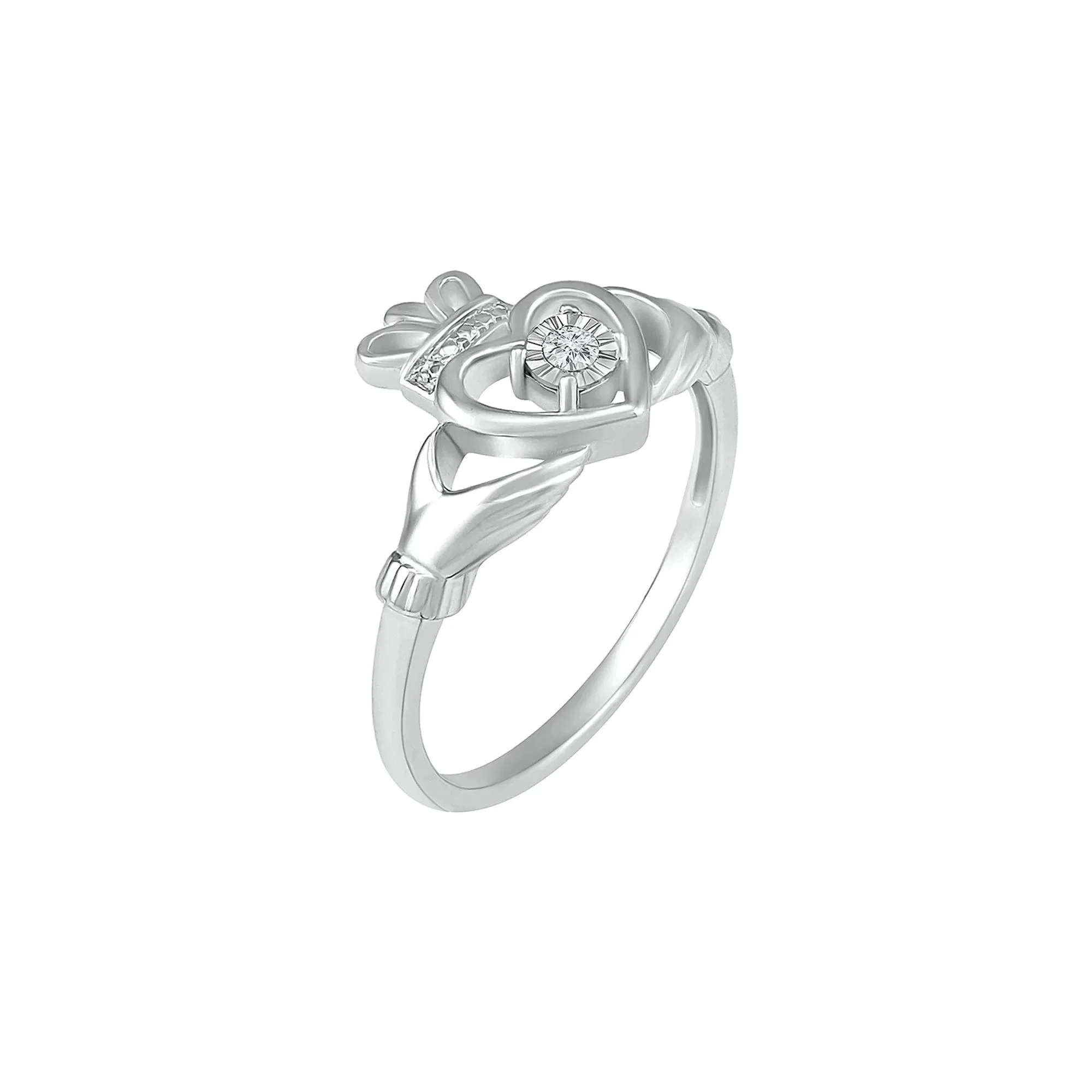 Diamond Claddagh Ring .925 Sterling Silver Round Brilliant Cut White Size 7 - Image 5