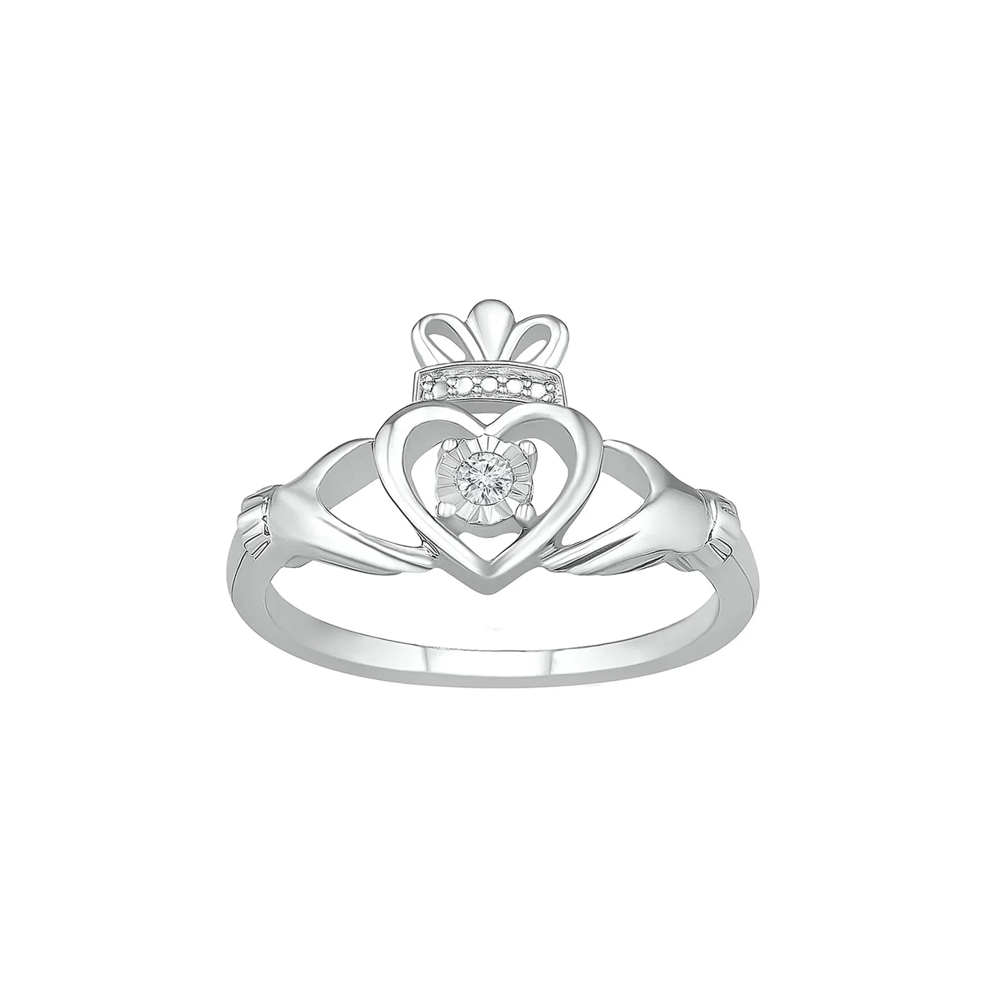 Diamond Claddagh Ring .925 Sterling Silver Round Brilliant Cut White Size 8 - Image 4