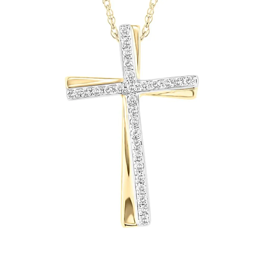 1/7 CT. Tw. Diamond Cross Pendant Necklace with Tilt 10K Yellow & White Gold Size 18"