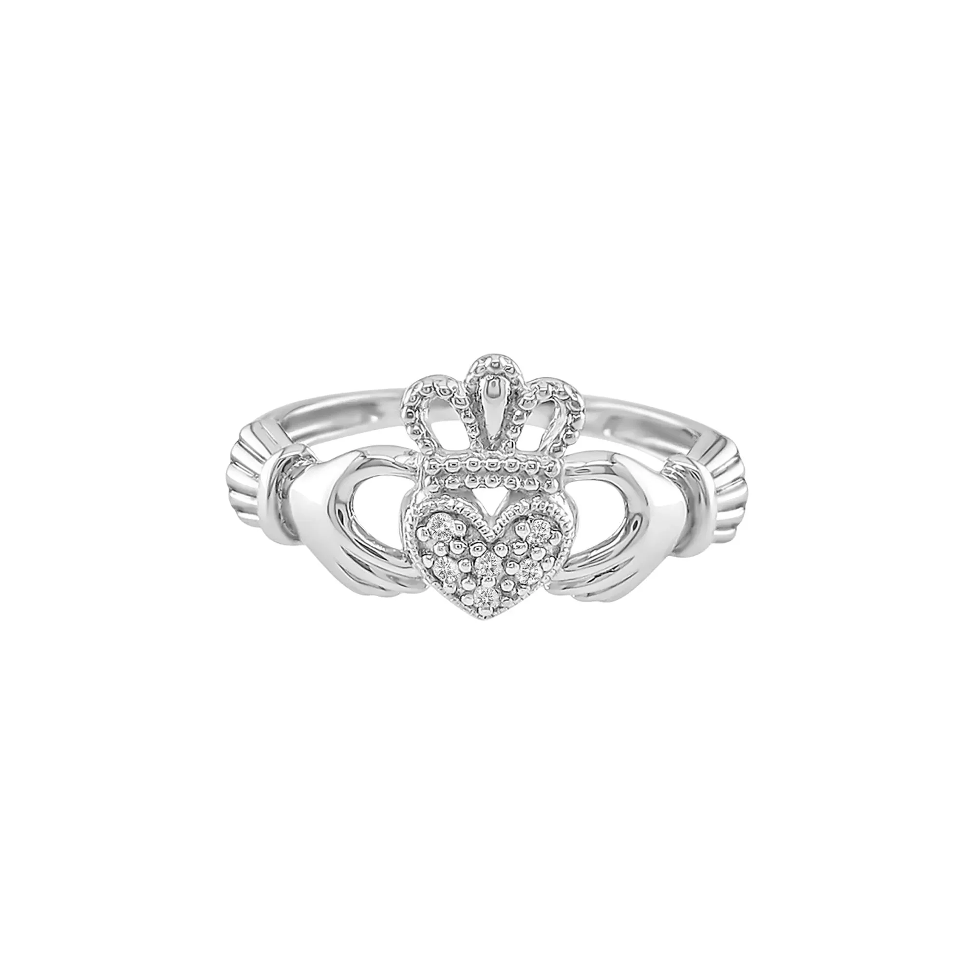 Irish Claddagh Ring with Diamond Accents 10K White Gold Size 8