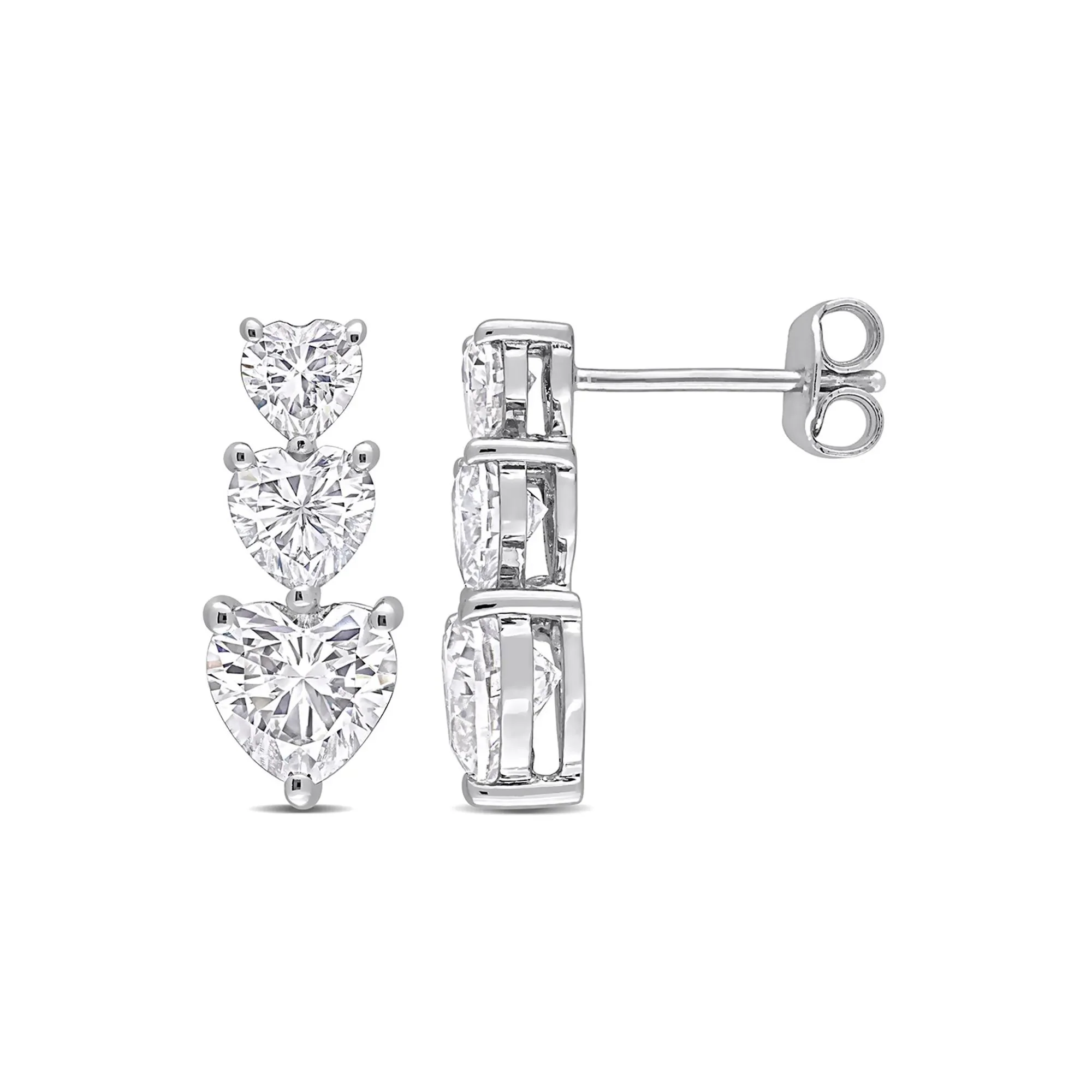 Moissanite Drop Earrings with Heart-Shaped Stones .925 Sterling Silver White Size 7.00mm