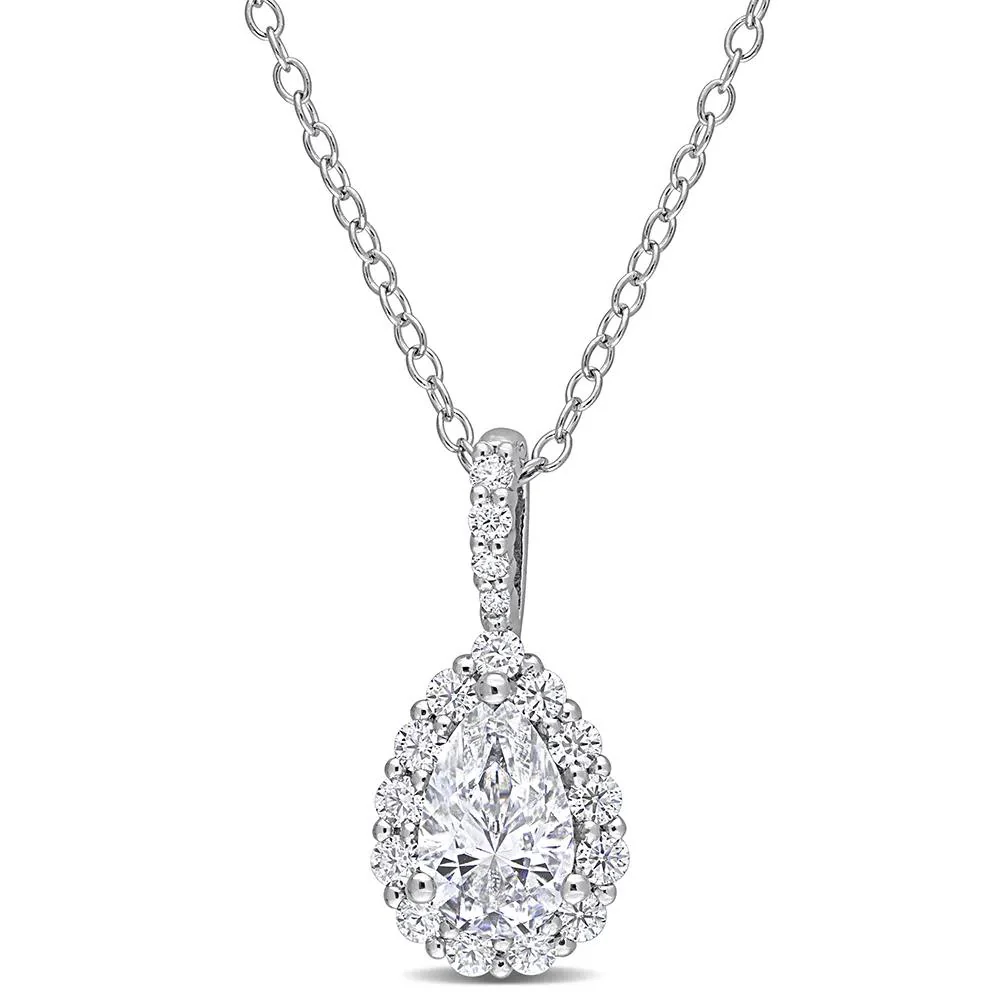 Pear-Shaped Moissanite Pendant Necklace with Halo .925 Sterling Silver (1/3 CT. Dew) White Size 18"
