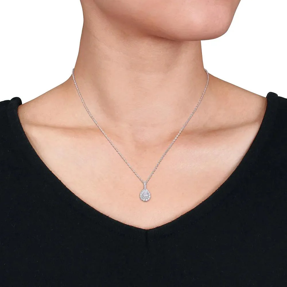 Pear-Shaped Moissanite Pendant Necklace with Halo .925 Sterling Silver (1/3 CT. Dew) White Size 18" - Image 3
