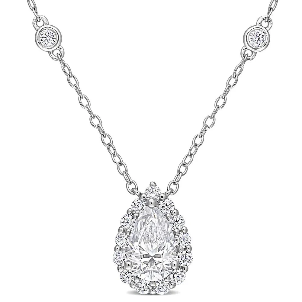 Pear-Shaped Moissanite Pendant Necklace with Bezel-Set Diamonds .925 Sterling Silver (1/2 CT. Dew) White Size 18"