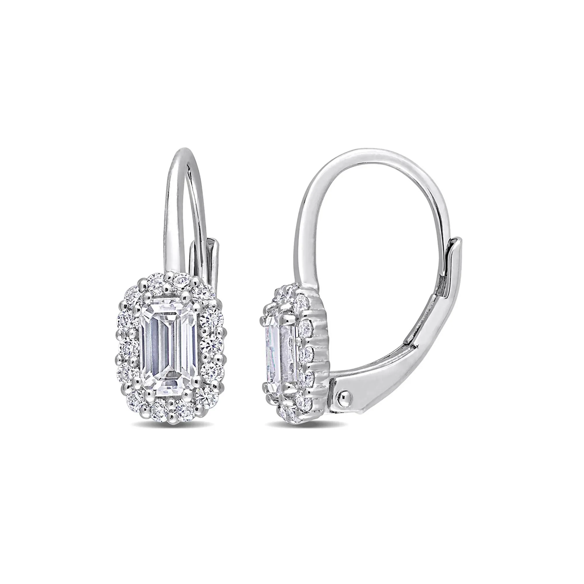 Emerald-Cut Moissanite Earrings with Lever Backs .925 Sterling Silver White Size 5.70mm