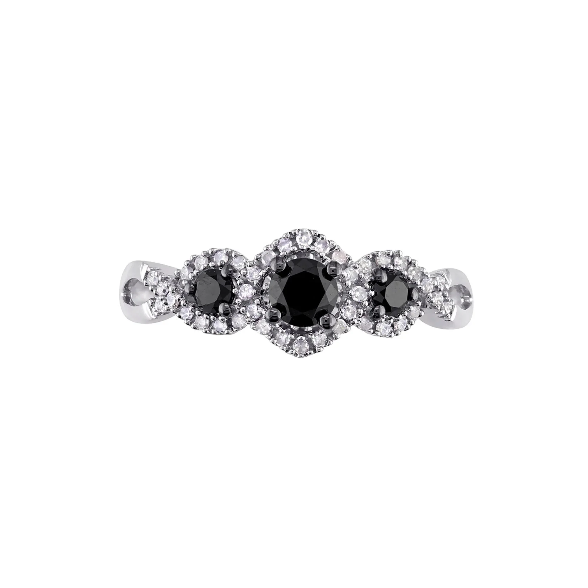 1/2 CT. Tw. Three-Stone Ring with Black & White Diamonds 10K White Gold Round Brilliant Cut Size 9