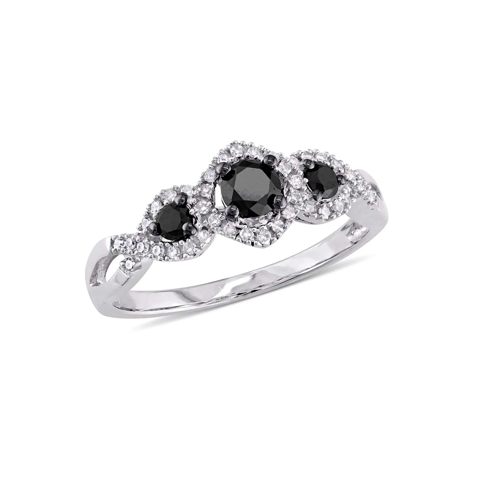 1/2 CT. Tw. Three-Stone Ring with Black & White Diamonds 10K White Gold Round Brilliant Cut Size 9 - Image 5