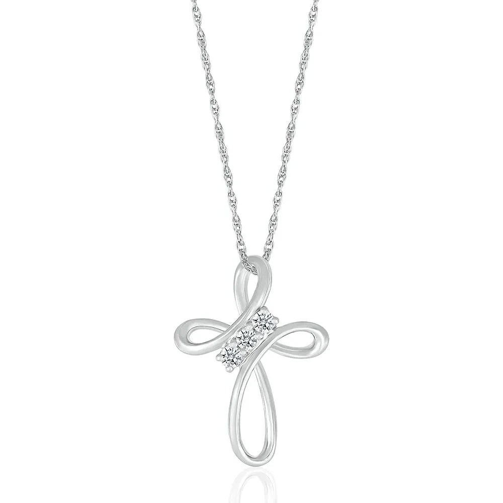 1/8 CT. Tw. Diamond Cross Pendant Necklace with Three-Stone Design 10K White Gold Size 18"