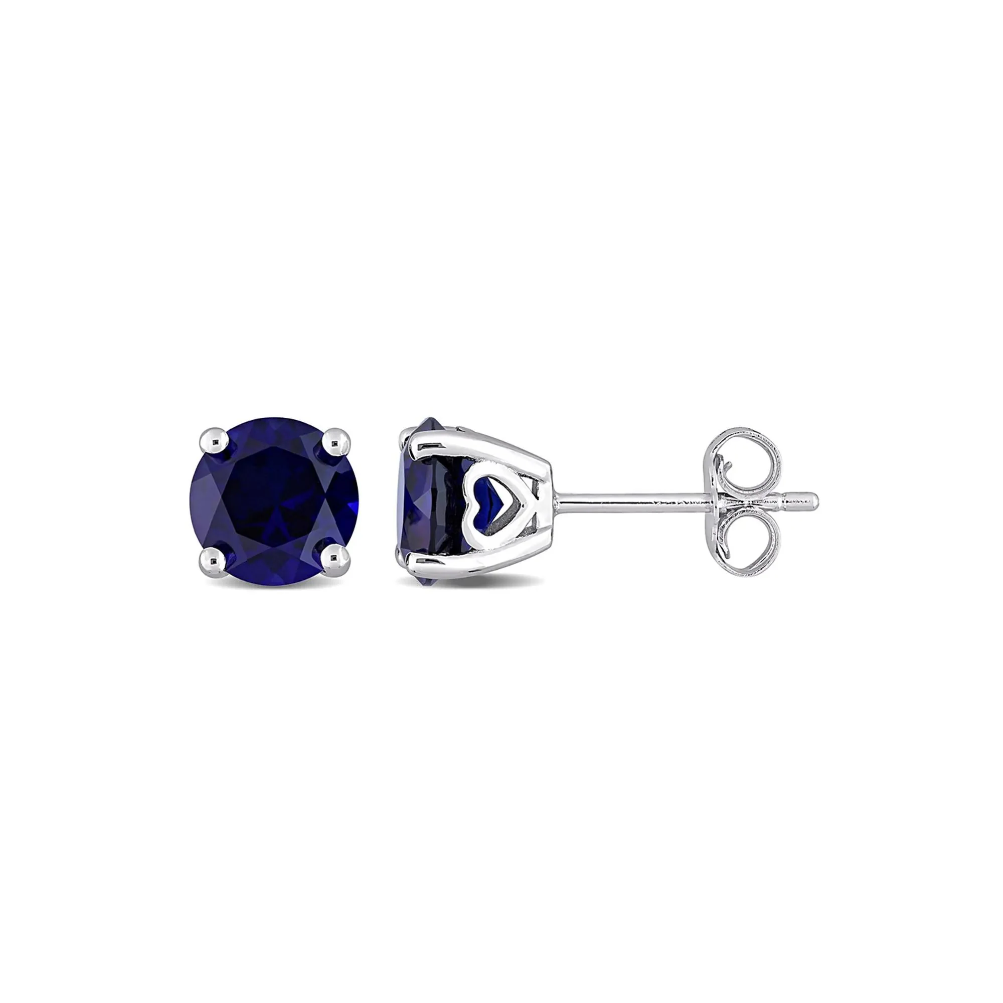 Lab Created Blue Sapphire Stud Earrings with Heart Baskets .925 Sterling Silver White Size 7.00mm