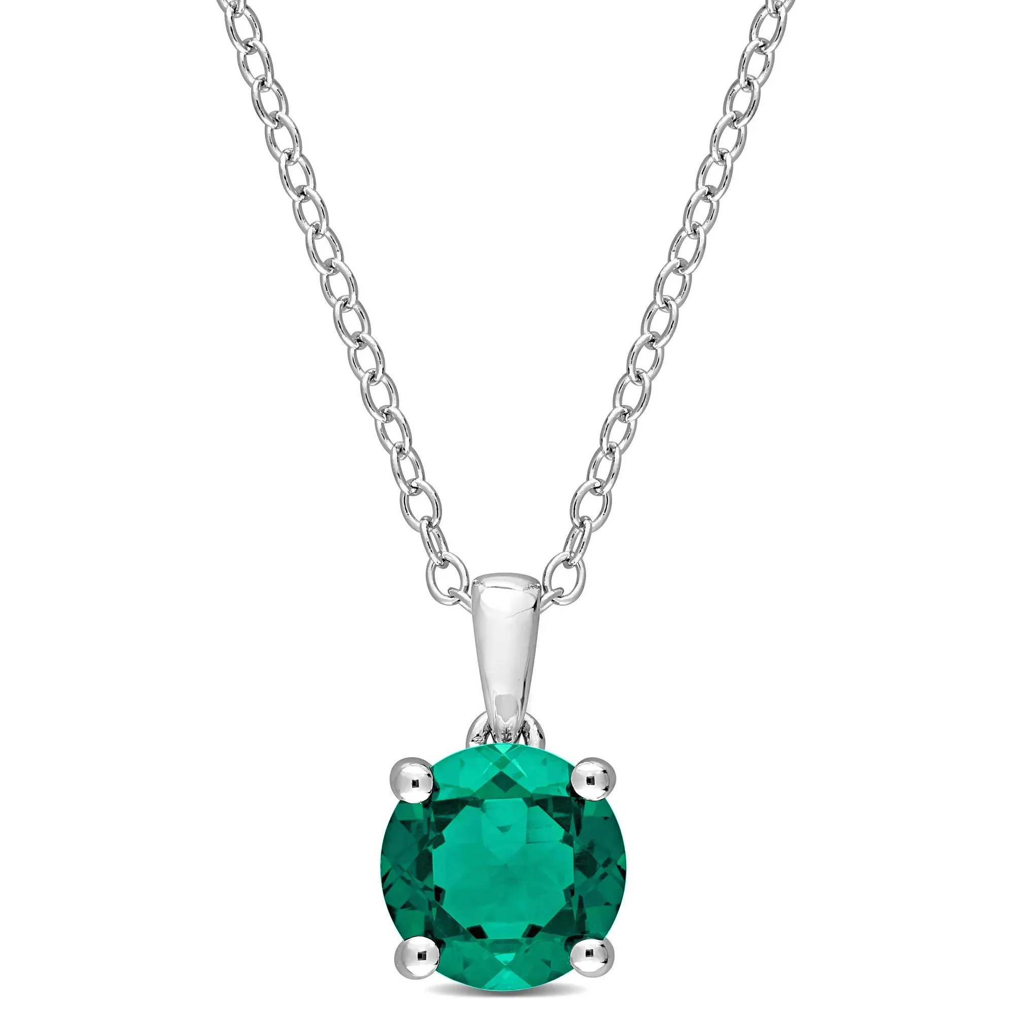 Lab Created Emerald Solitaire Pendant Necklace .925 Sterling Silver White Size 18"