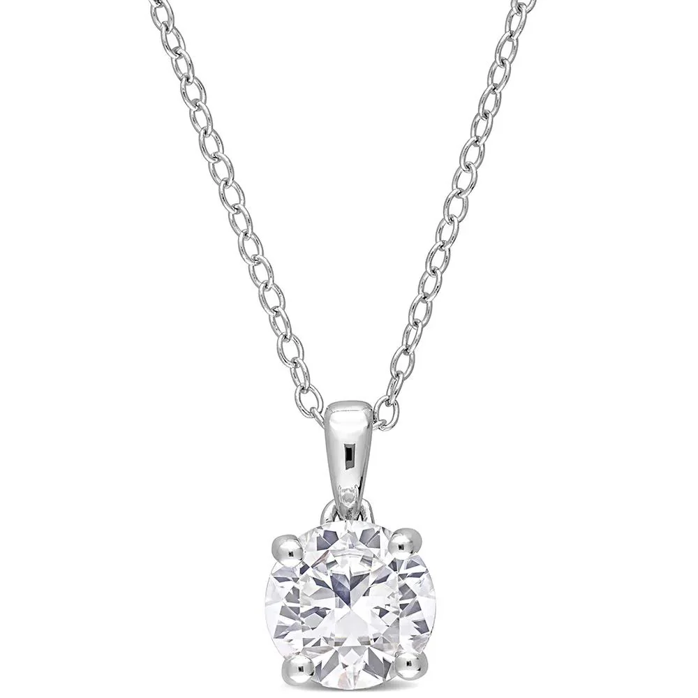 Lab Created White Sapphire Solitaire Pendant Necklace .925 Sterling Silver Size 18"