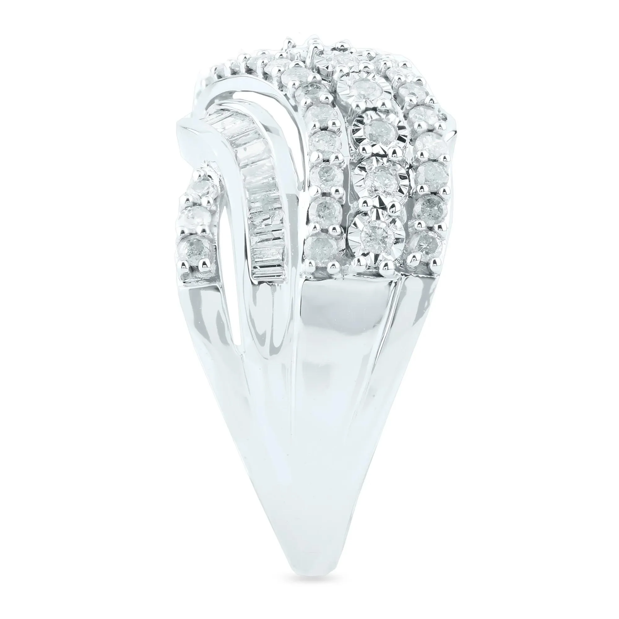 1 CT. Tw. Round and Baguette Diamond Crossover Ring 10K White Gold Round Brilliant Cut Size 6.5 2mm - Image 3