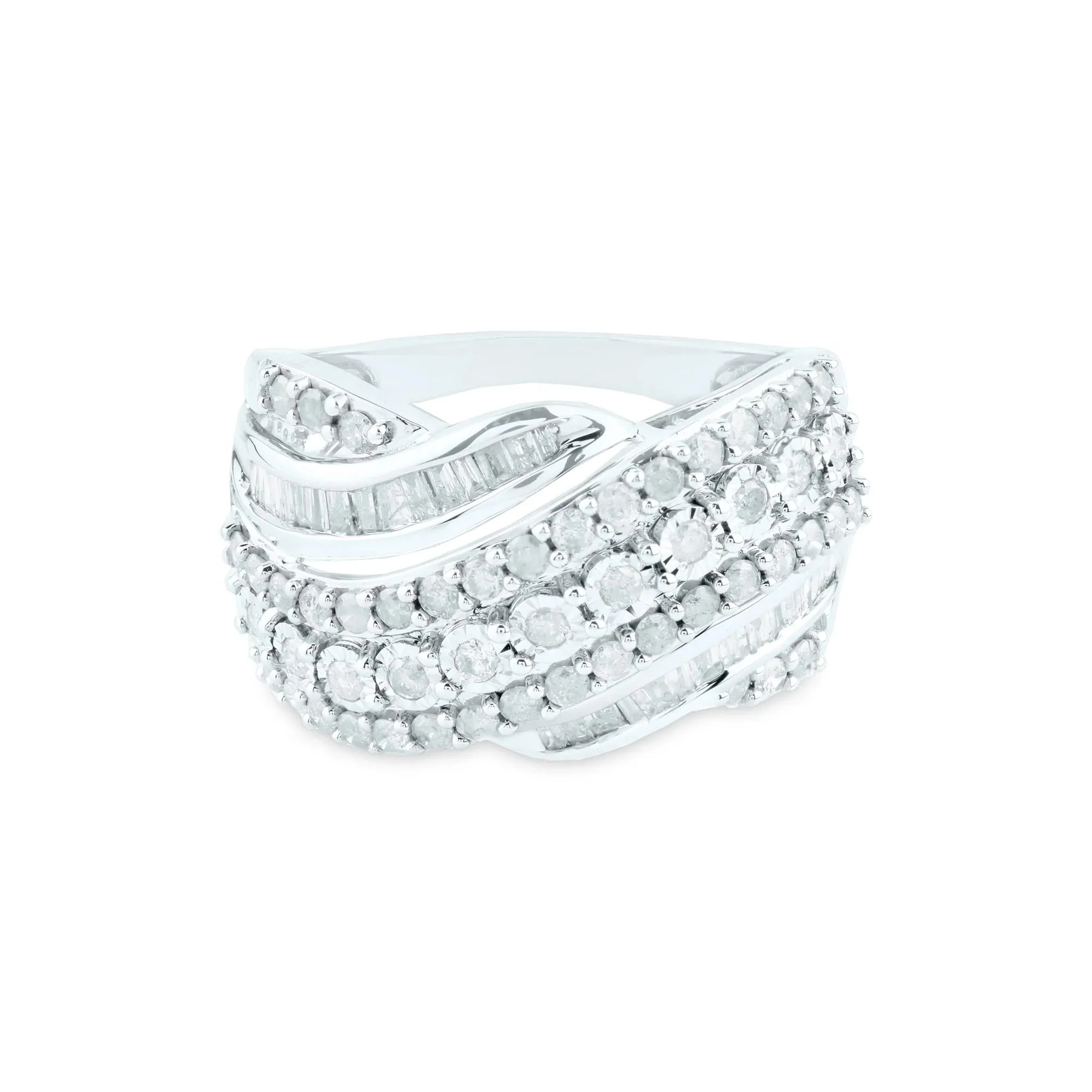 1 CT. Tw. Round and Baguette Diamond Crossover Ring 10K White Gold Round Brilliant Cut Size 7 2mm