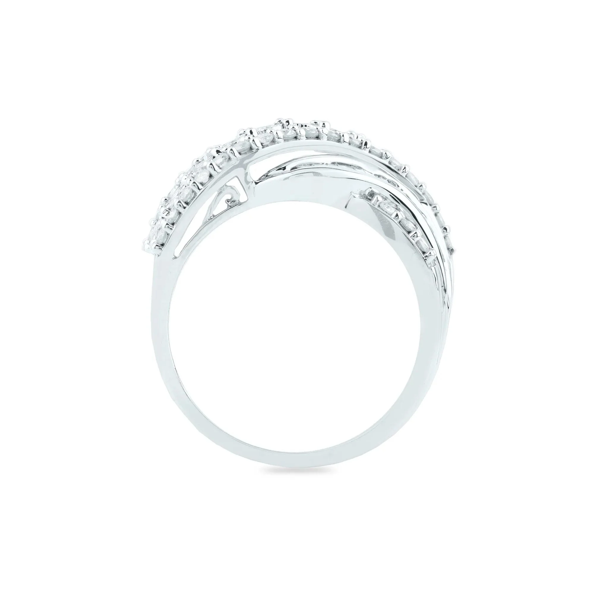 1 CT. Tw. Round and Baguette Diamond Crossover Ring 10K White Gold Round Brilliant Cut Size 7 2mm - Image 2
