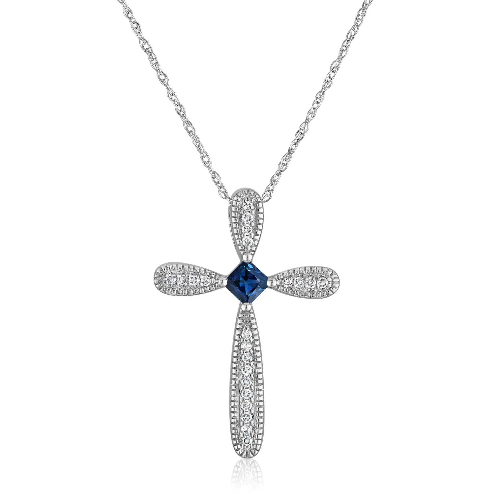 1/10 CT. Tw. Blue Sapphire Cross Pendant Necklace 14K White Gold Size 18"