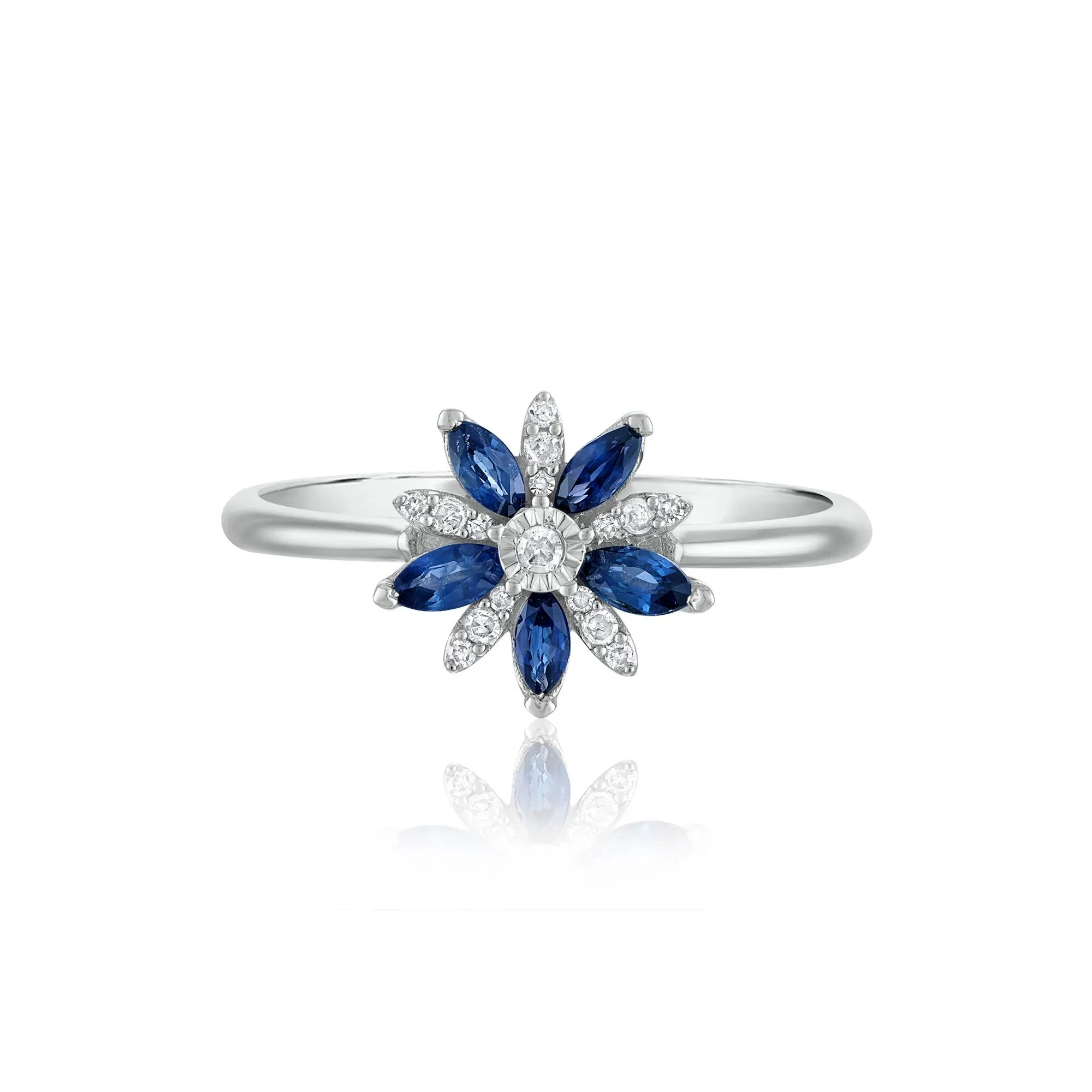 Blue Sapphire and Diamond Accent Floral Ring 10K White Gold Size 8 1.5mm