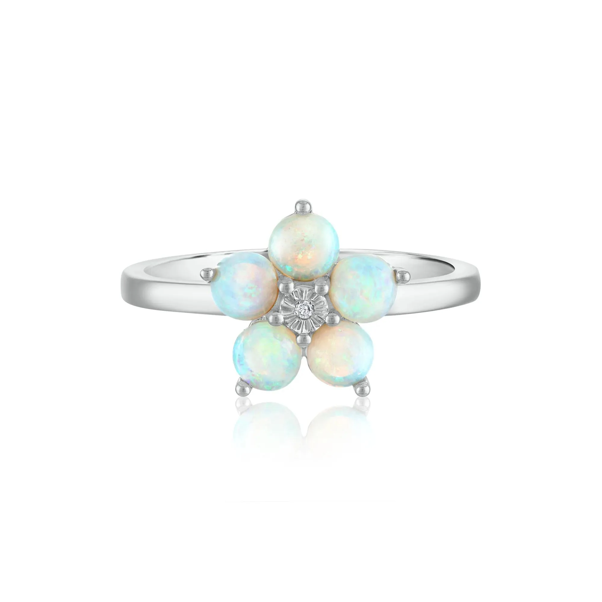 Opal & Diamond Accent Flower Ring 14K White Gold Size 7 2mm