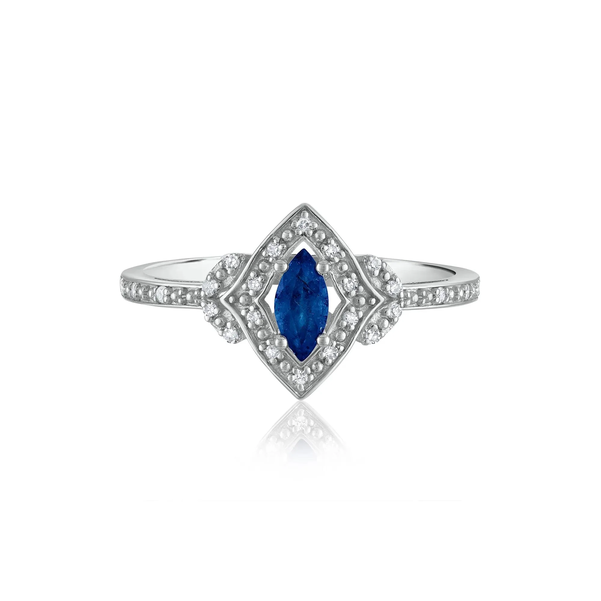 Marquise Blue Sapphire & Diamond Ring 14K White Gold Size 7 1.5mm