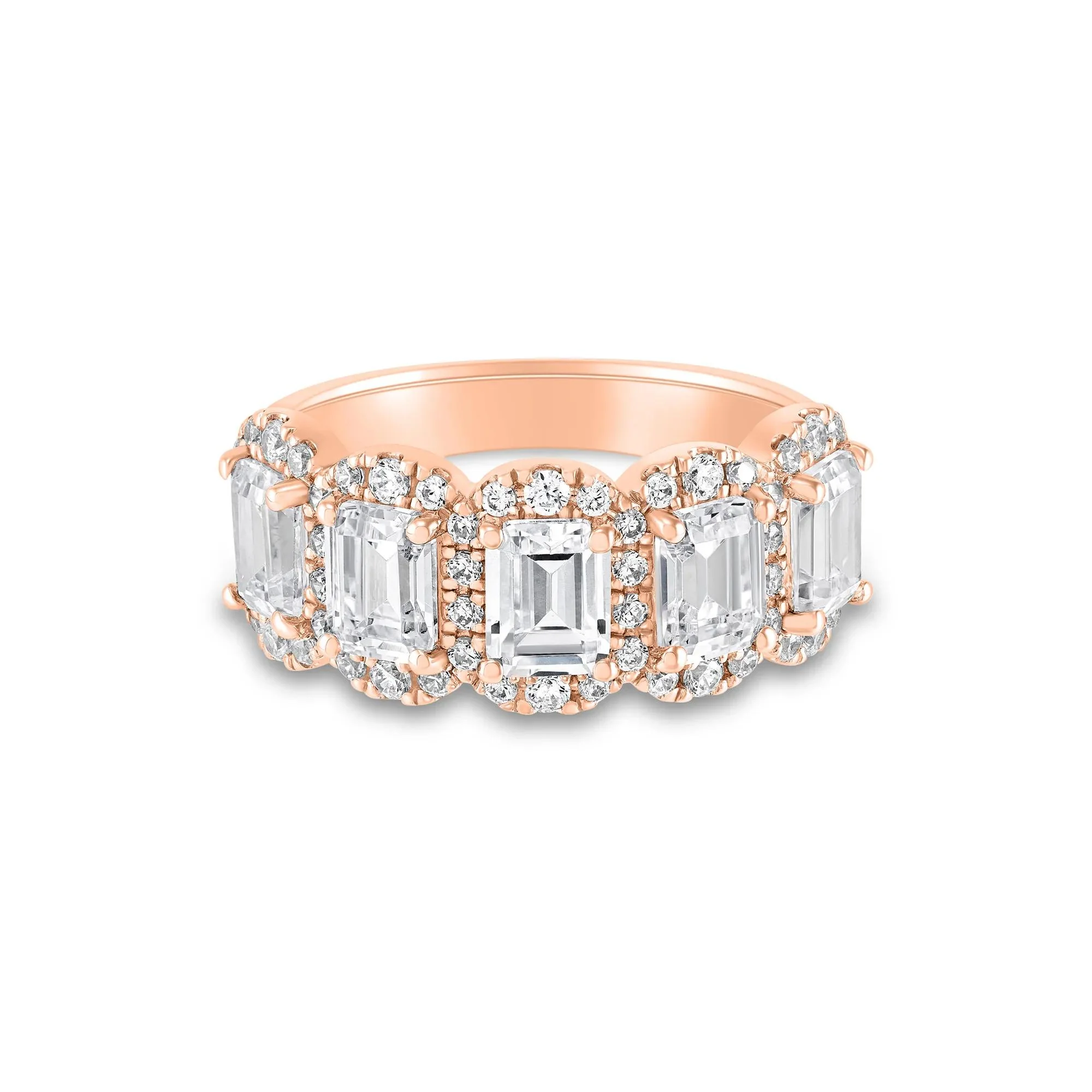 3 CT. Tw. Lab Grown Diamond Emerald-Cut Halo Band Ring 10K Rose Gold Round Brilliant Cut Size 8.5 1.5mm