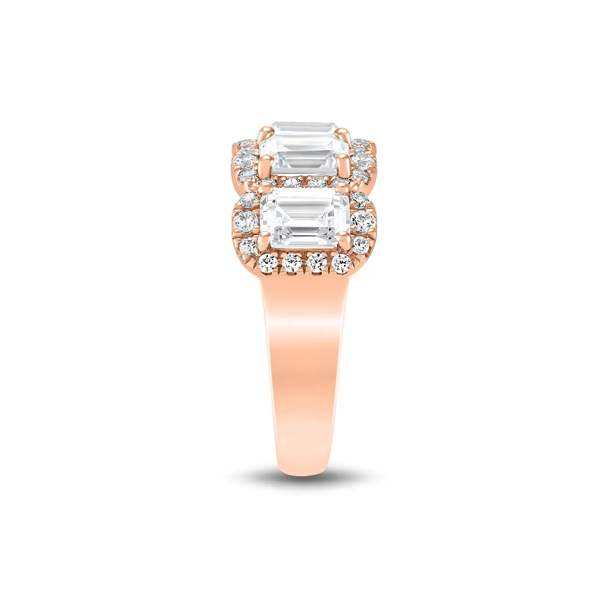 3 CT. Tw. Lab Grown Diamond Emerald-Cut Halo Band Ring 10K Rose Gold Round Brilliant Cut Size 8.5 1.5mm - Image 3