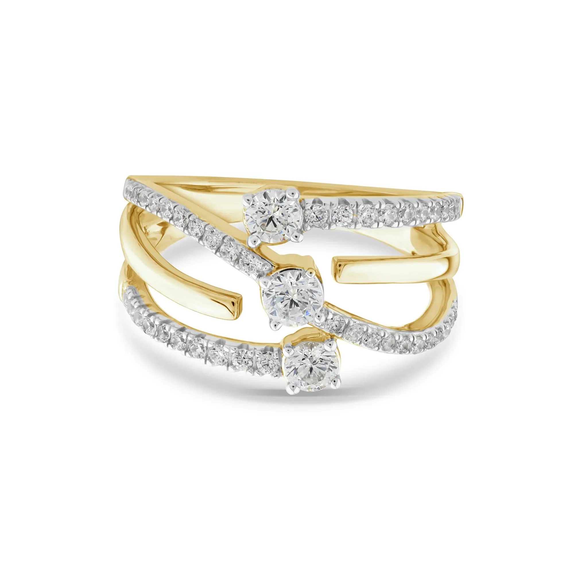 3/4 CT. Tw. Diamond Three-Row Orbit Ring 10K Yellow Gold Round Brilliant Cut Size 6 2mm