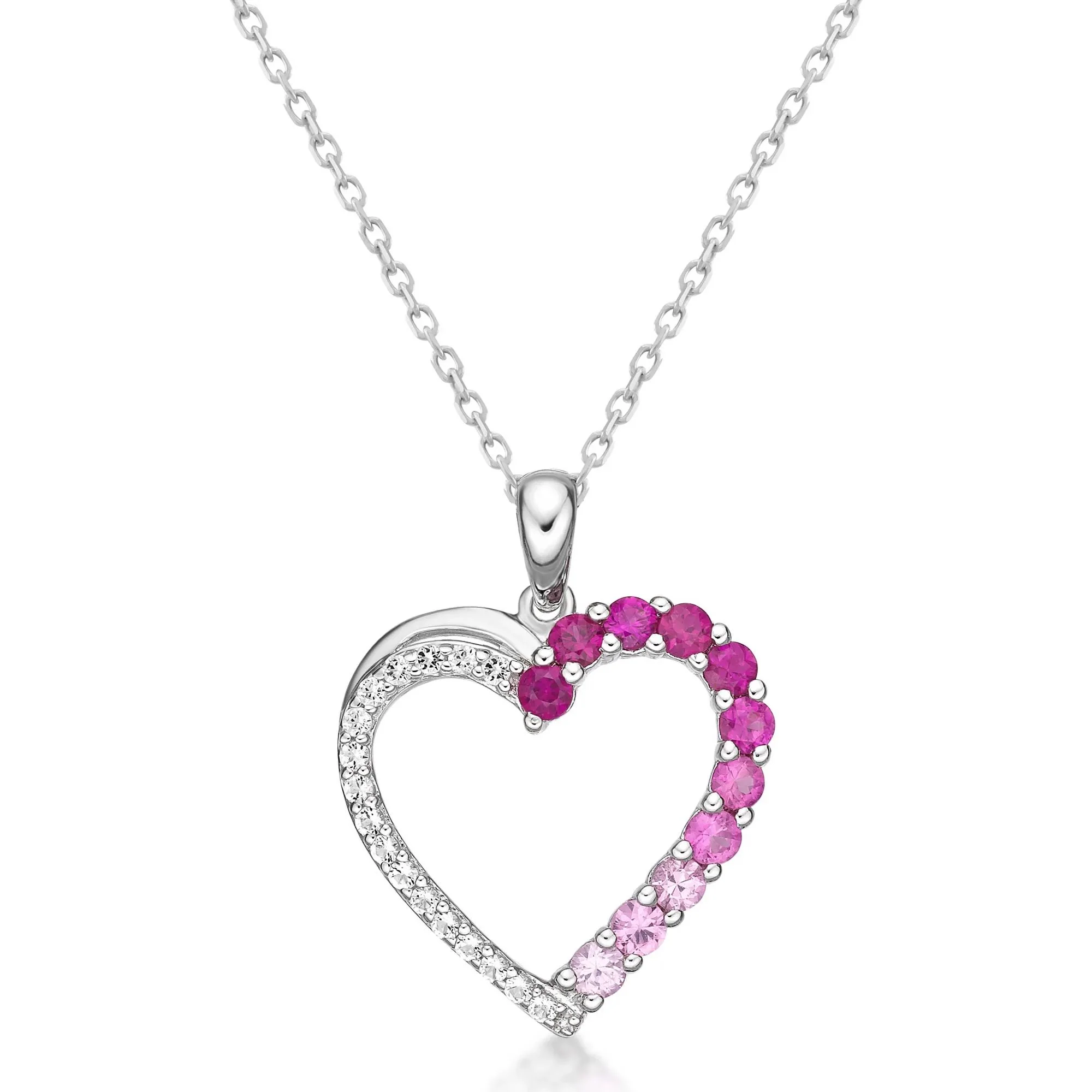 White Topaz & Pink Sapphire Heart Pendant Necklace .925 Sterling Silver Size 18"