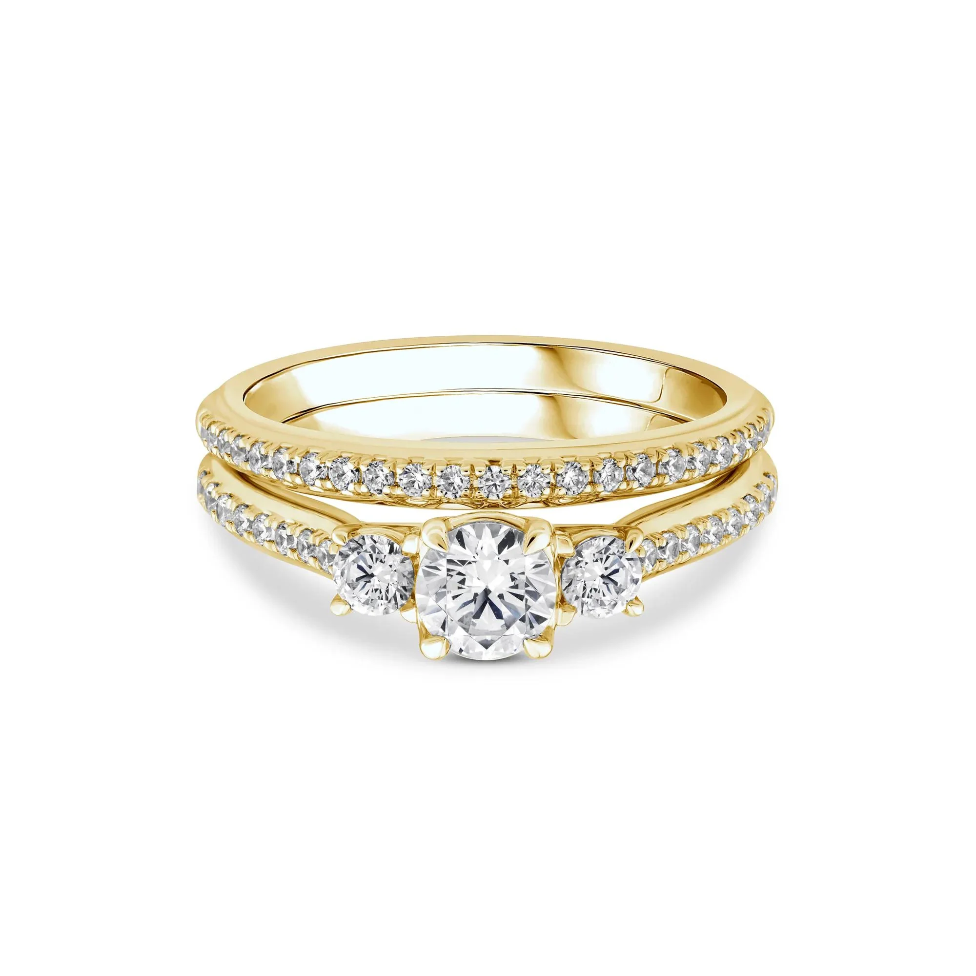 1 CT. Tw. Lab Grown Diamond Three-Stone Engagement Set 10K Yellow Gold Ring Round Brilliant Cut Size 7 1mm