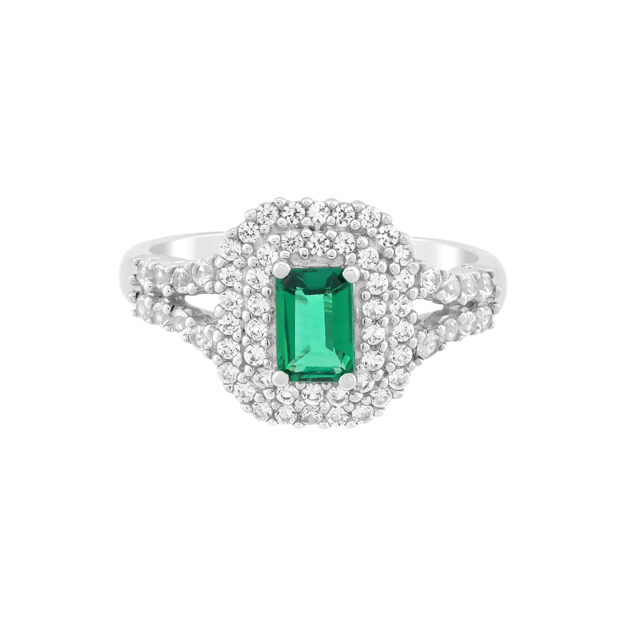 Lab-Created Emerald and Lab-Created White Sapphire Halo Ring .925 Sterling Silver Round Brilliant Cut Size 7 2mm