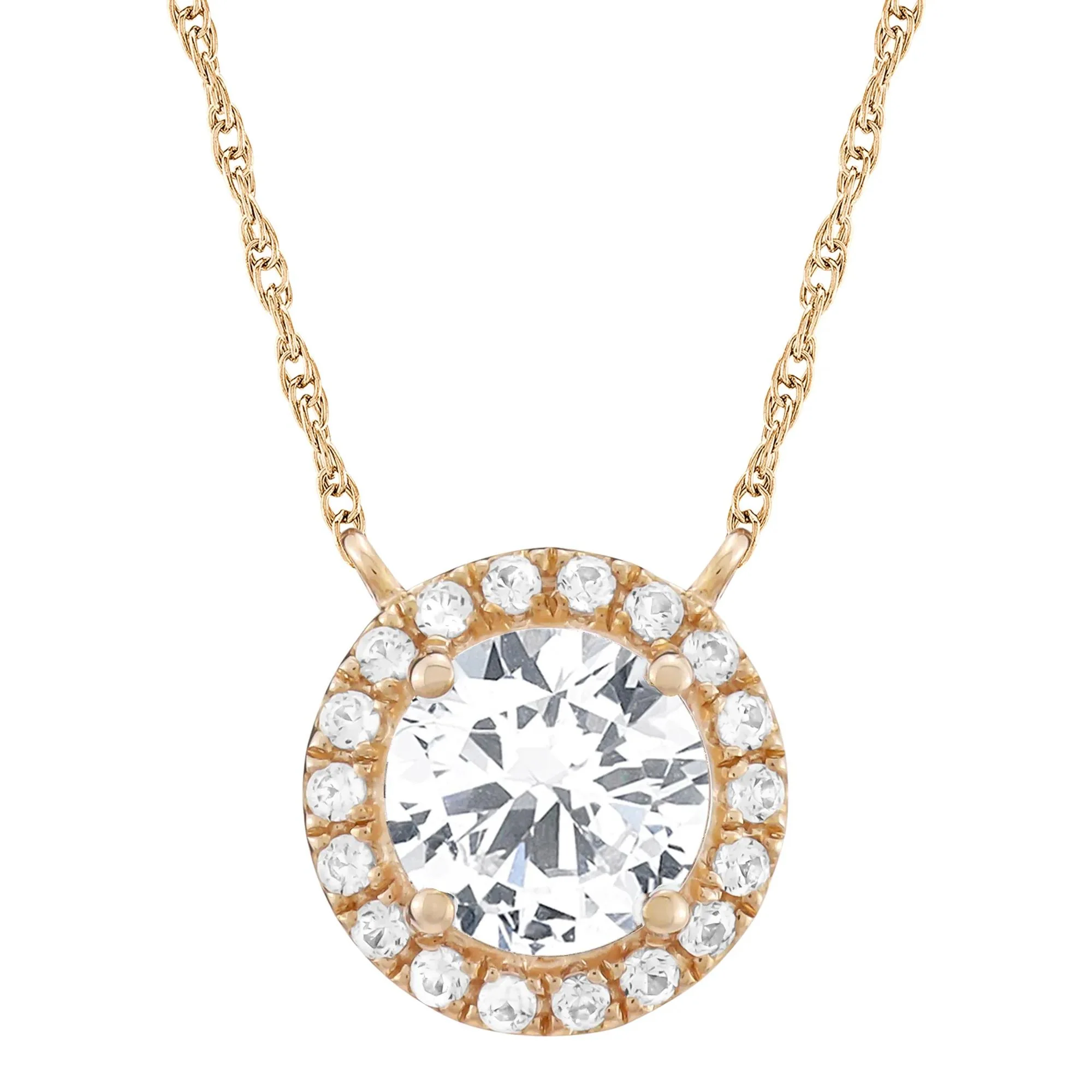 Lab-Created White Sapphire Halo Pendant Necklace 10K Rose Gold Size 17.25"