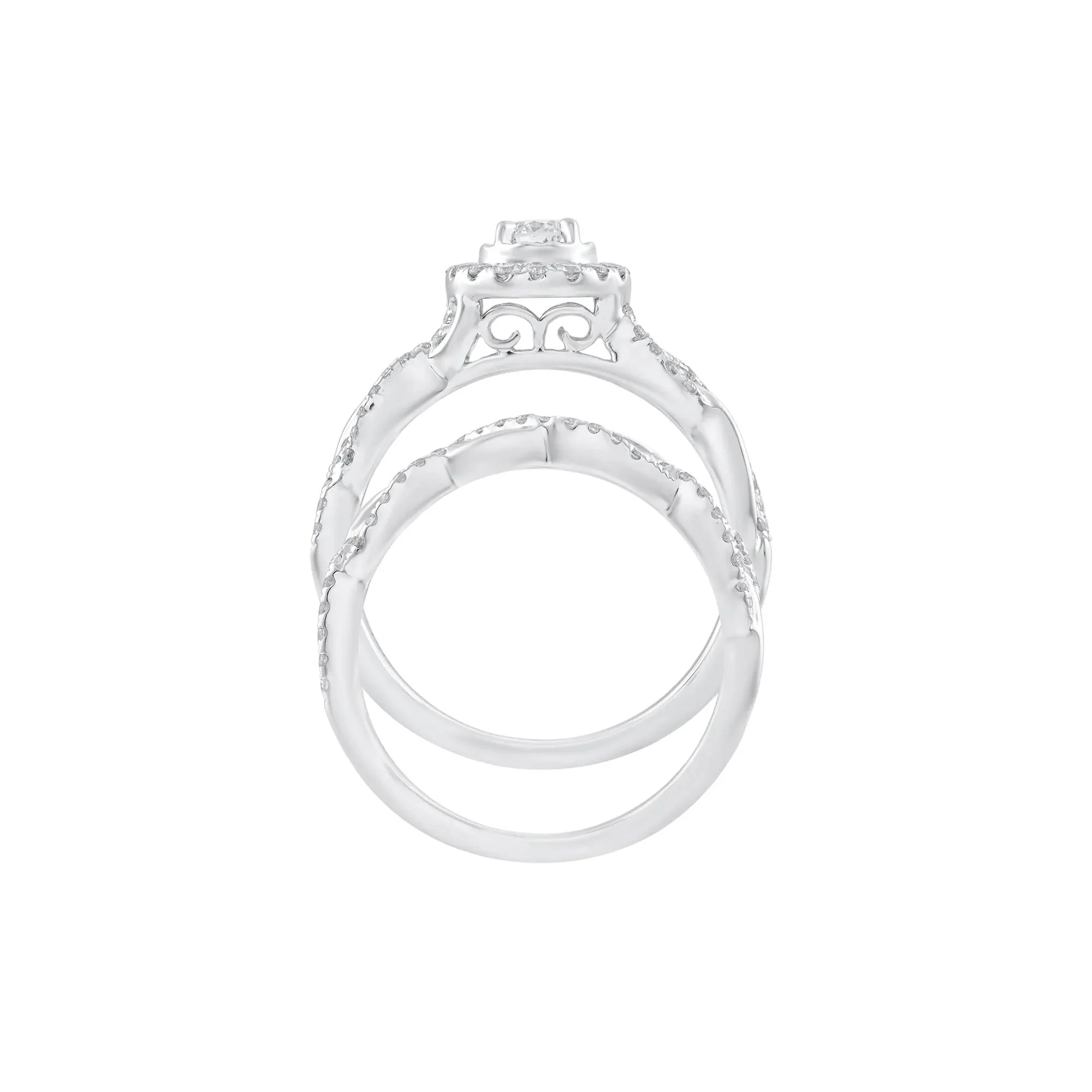 3/4 CT. Tw. Diamond Halo Woven Engagement Set 14K White Gold Ring Round Brilliant Cut Size 7 - Image 2