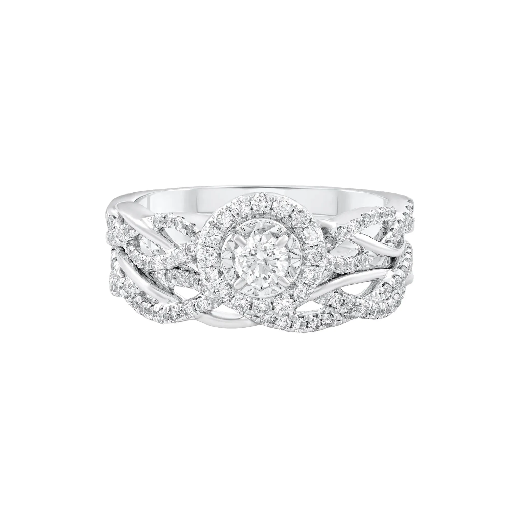 3/4 CT. Tw. Diamond Halo Woven Engagement Set 14K White Gold Ring Round Brilliant Cut Size 8.5