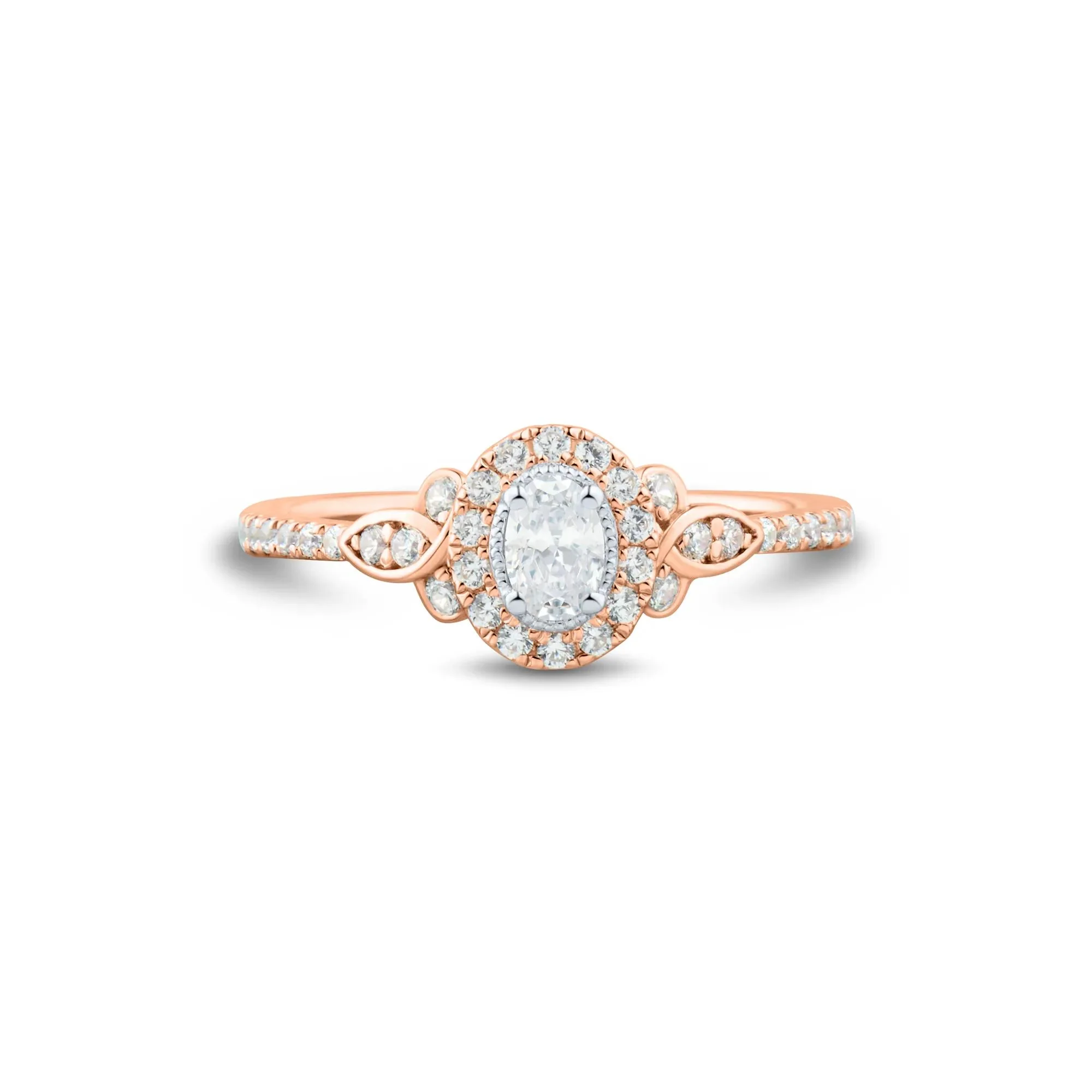 1/2 CT. Tw. Oval Diamond Halo Engagement Ring 14K Rose Gold Round Brilliant Cut Size 7 1mm