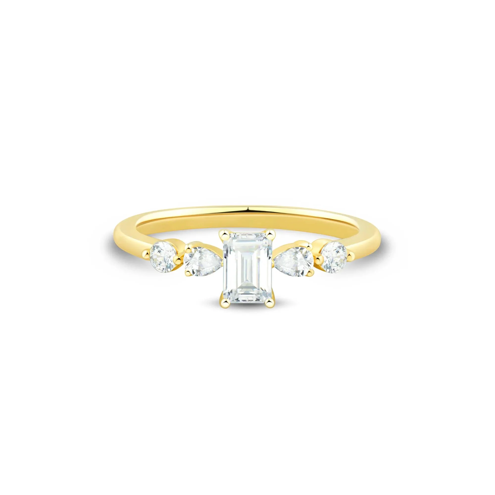 3/4 CT. Tw. Emerald-Cut Diamond Engagement Ring 14K Yellow Gold Round Brilliant Cut Size 6 1mm