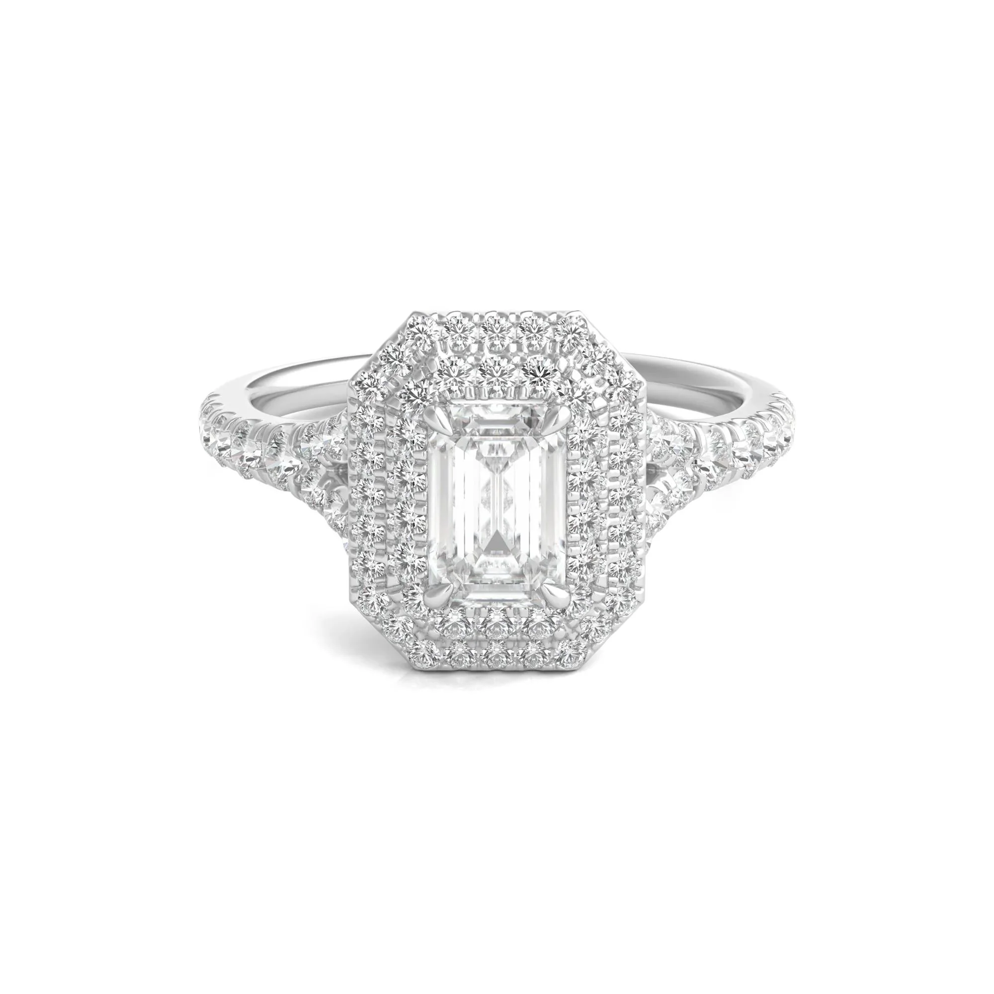 1/2 CT. Tw. Diamond Emerald Step-Cut Double Halo Engagement Ring 14K White Gold Size 6.5
