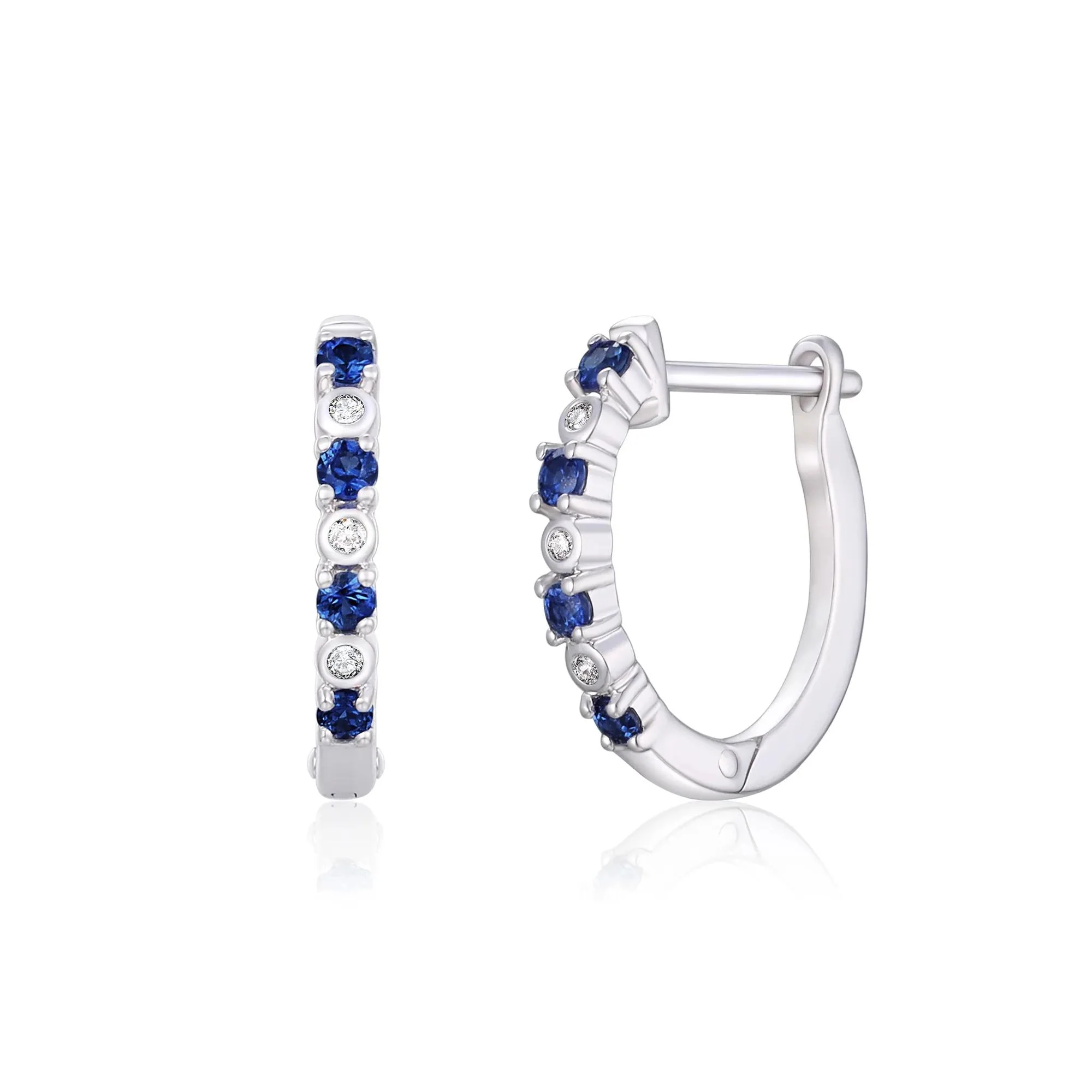 Blue Sapphire and Diamond Accent Hoop Earrings 10K White Gold Size 14.50mm