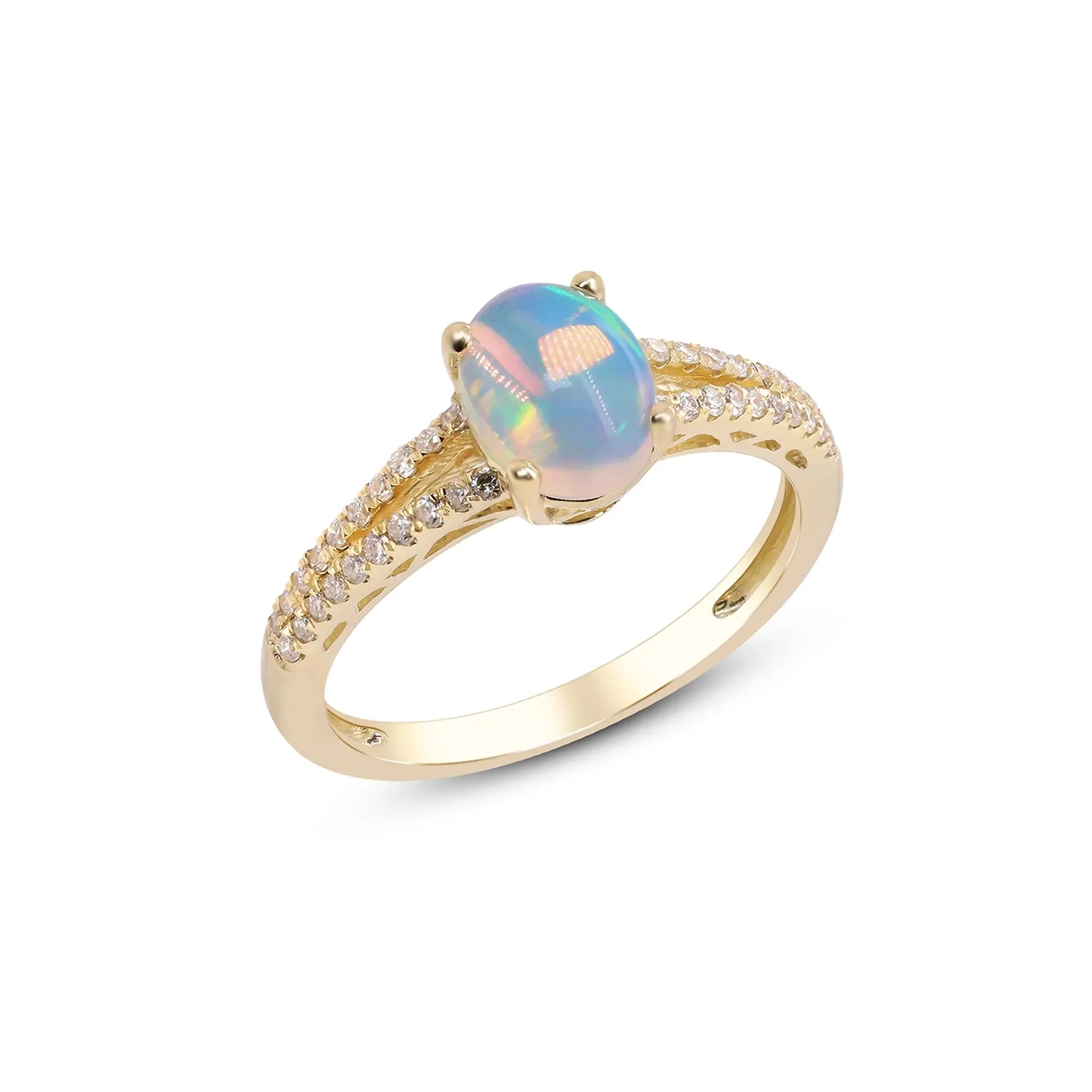 1/5 CT. Tw. Ethiopian Opal Ring with Diamond Split-Shank Band 10K Yellow Gold Round Brilliant Cut Size 5.5 - Image 3
