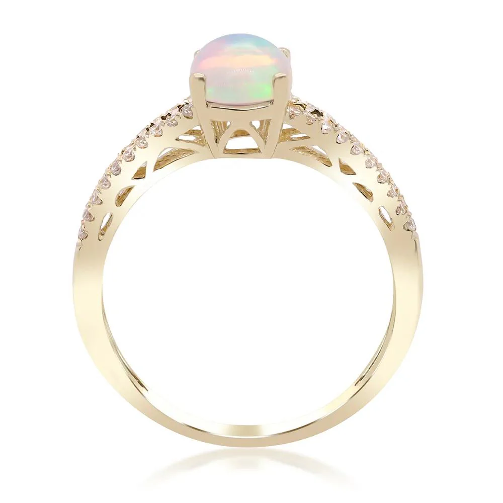 1/5 CT. Tw. Ethiopian Opal Ring with Diamond Split-Shank Band 10K Yellow Gold Round Brilliant Cut Size 5.5 - Image 4