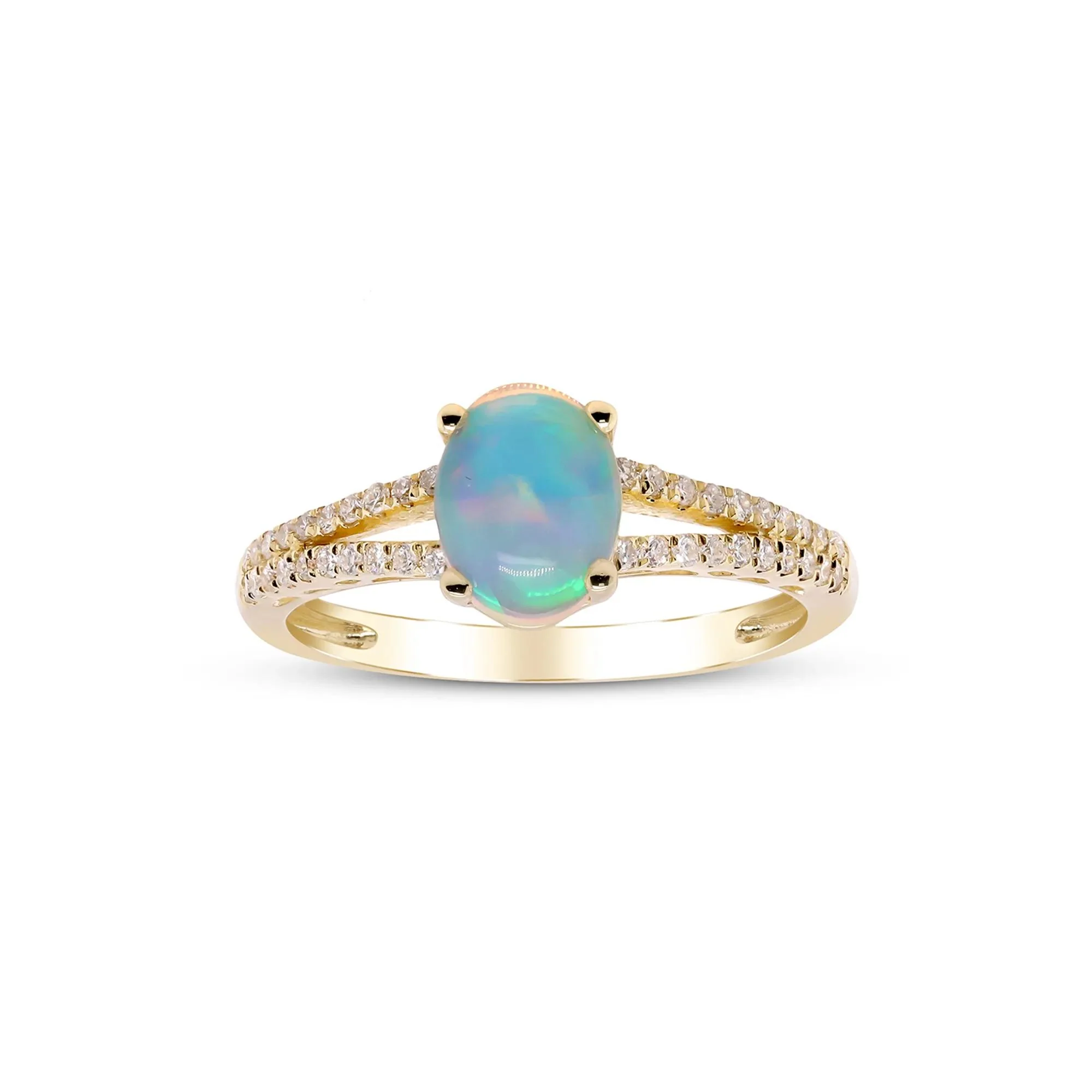 1/5 CT. Tw. Ethiopian Opal Ring with Diamond Split-Shank Band 10K Yellow Gold Round Brilliant Cut Size 6