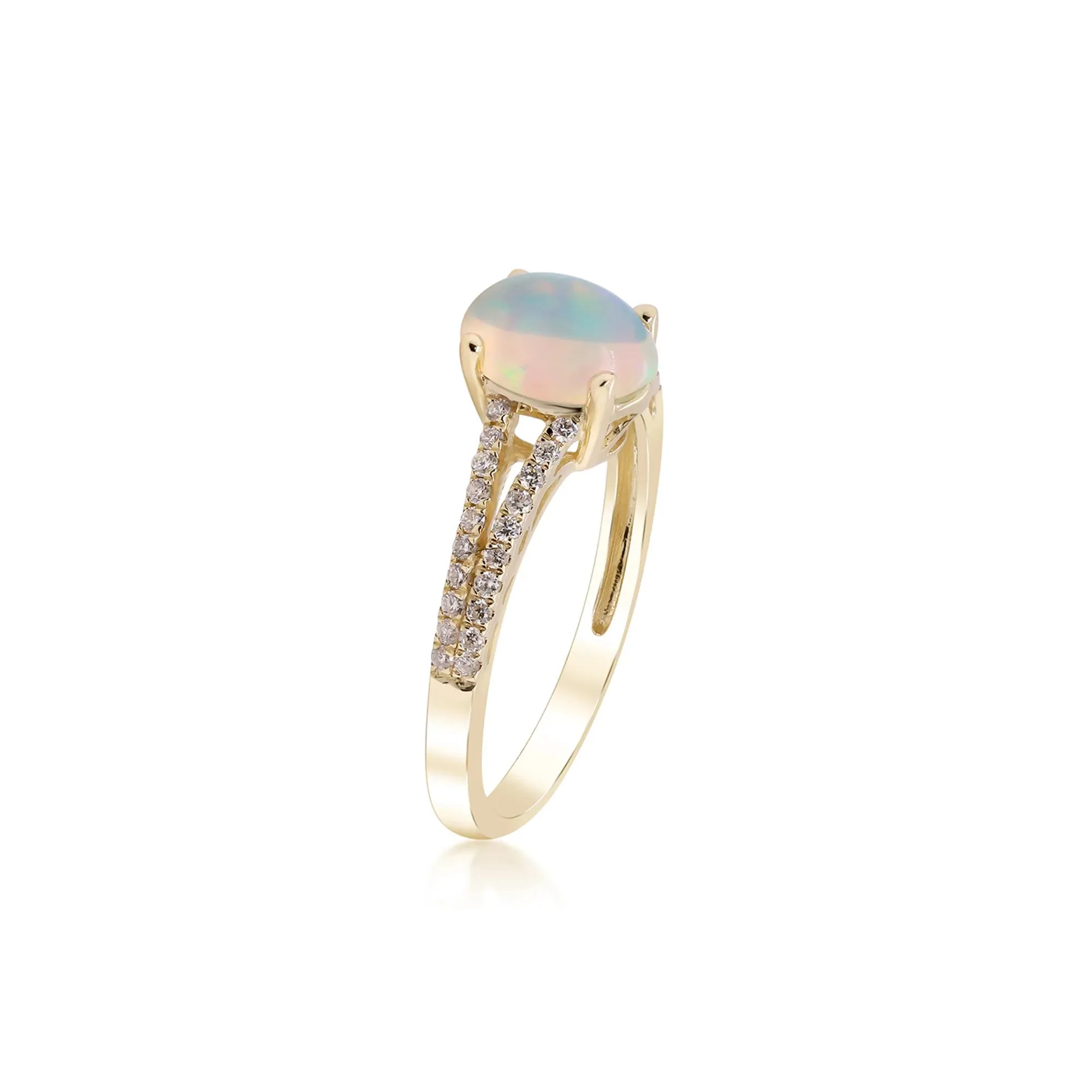 1/5 CT. Tw. Ethiopian Opal Ring with Diamond Split-Shank Band 10K Yellow Gold Round Brilliant Cut Size 7 - Image 2