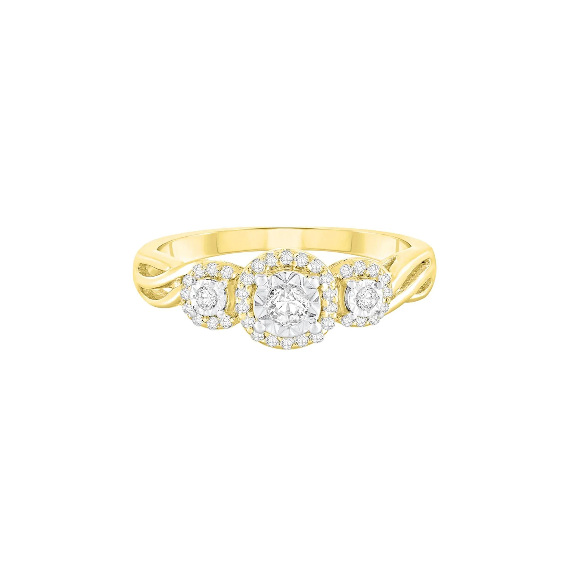 1/4 CT. Tw. Three-Stone Halo Engagement Ring with Illusion Settings 10K Yellow Gold Round Brilliant Cut Size 7.5