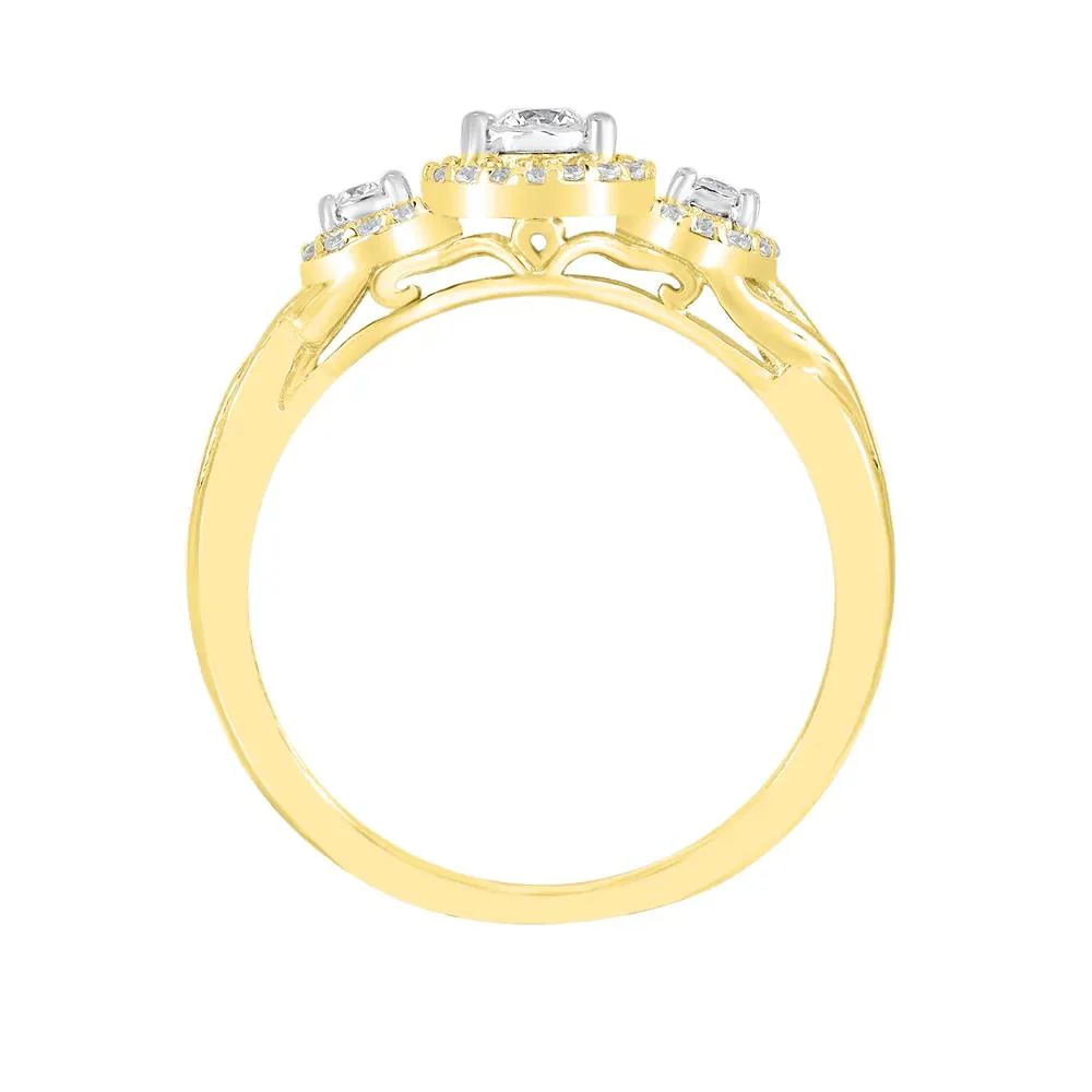 1/4 CT. Tw. Three-Stone Halo Engagement Ring with Illusion Settings 10K Yellow Gold Round Brilliant Cut Size 9 - Image 2