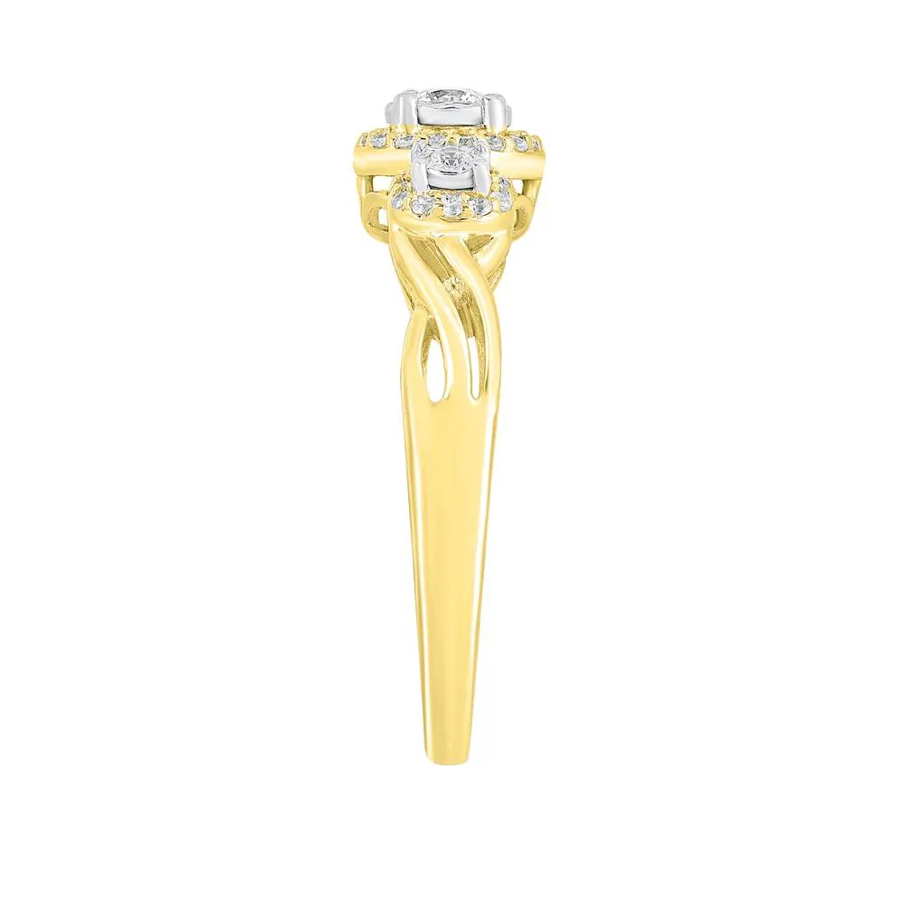 1/4 CT. Tw. Three-Stone Halo Engagement Ring with Illusion Settings 10K Yellow Gold Round Brilliant Cut Size 9 - Image 3