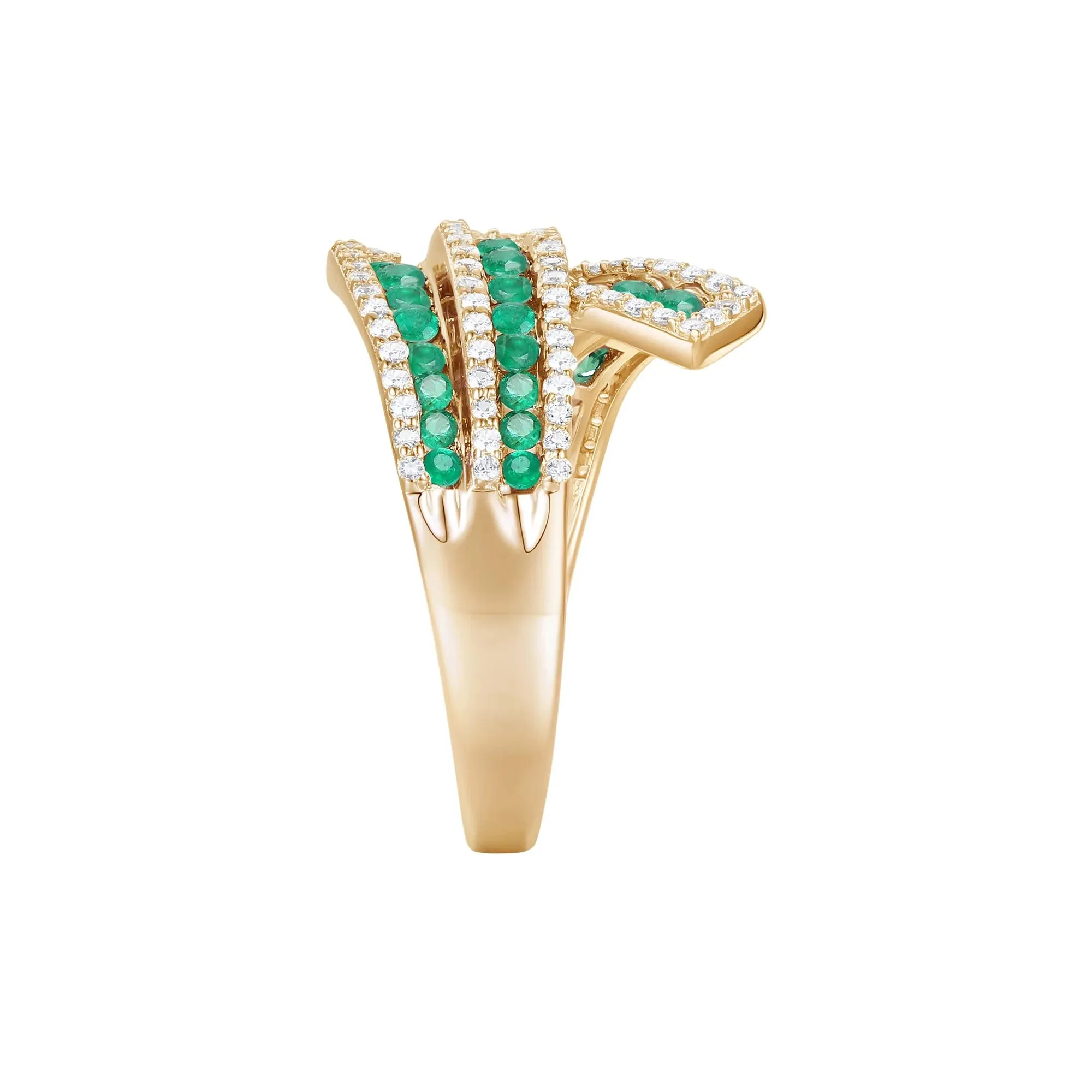 1/2 CT. Tw. Emerald and Diamond Ribbon Ring 10K Yellow Gold Round Brilliant Cut Size 6 1mm - Image 3