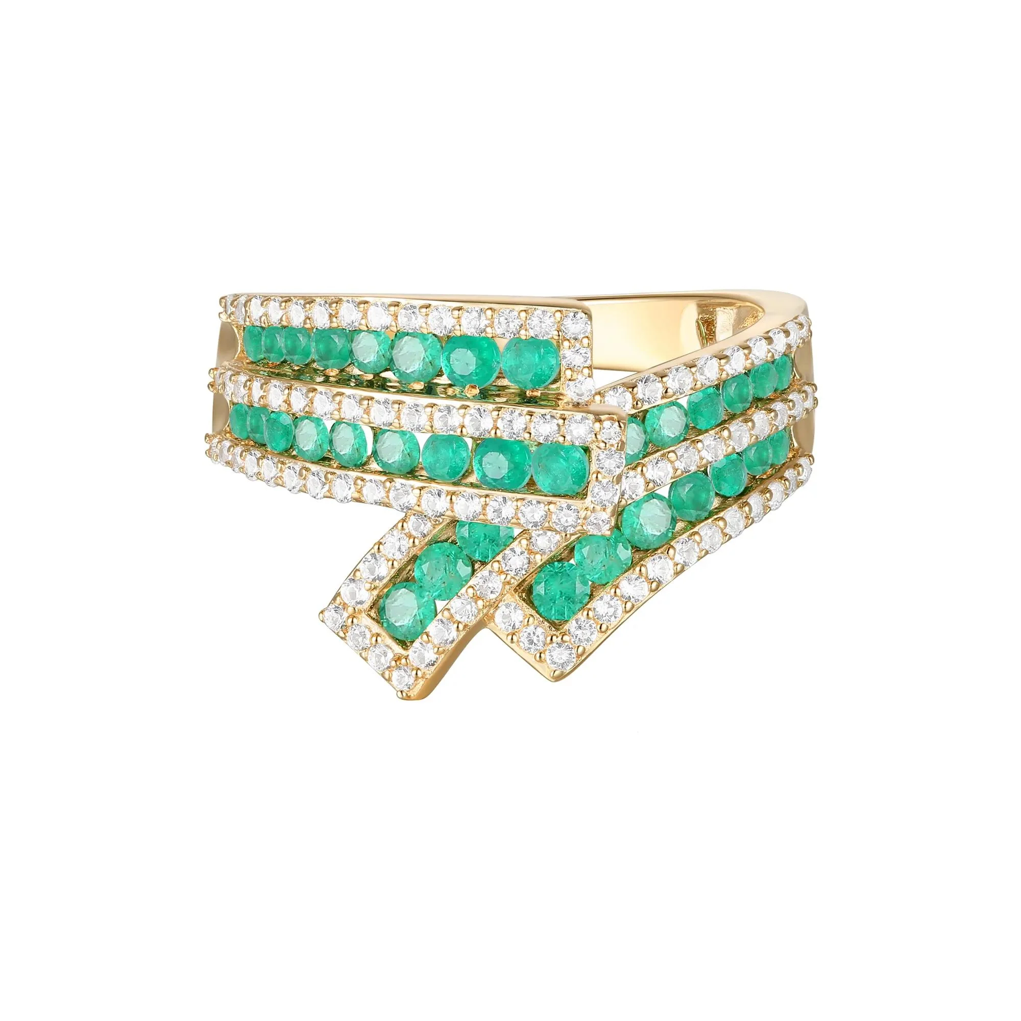 1/2 CT. Tw. Emerald and Diamond Ribbon Ring 10K Yellow Gold Round Brilliant Cut Size 6.5 1mm