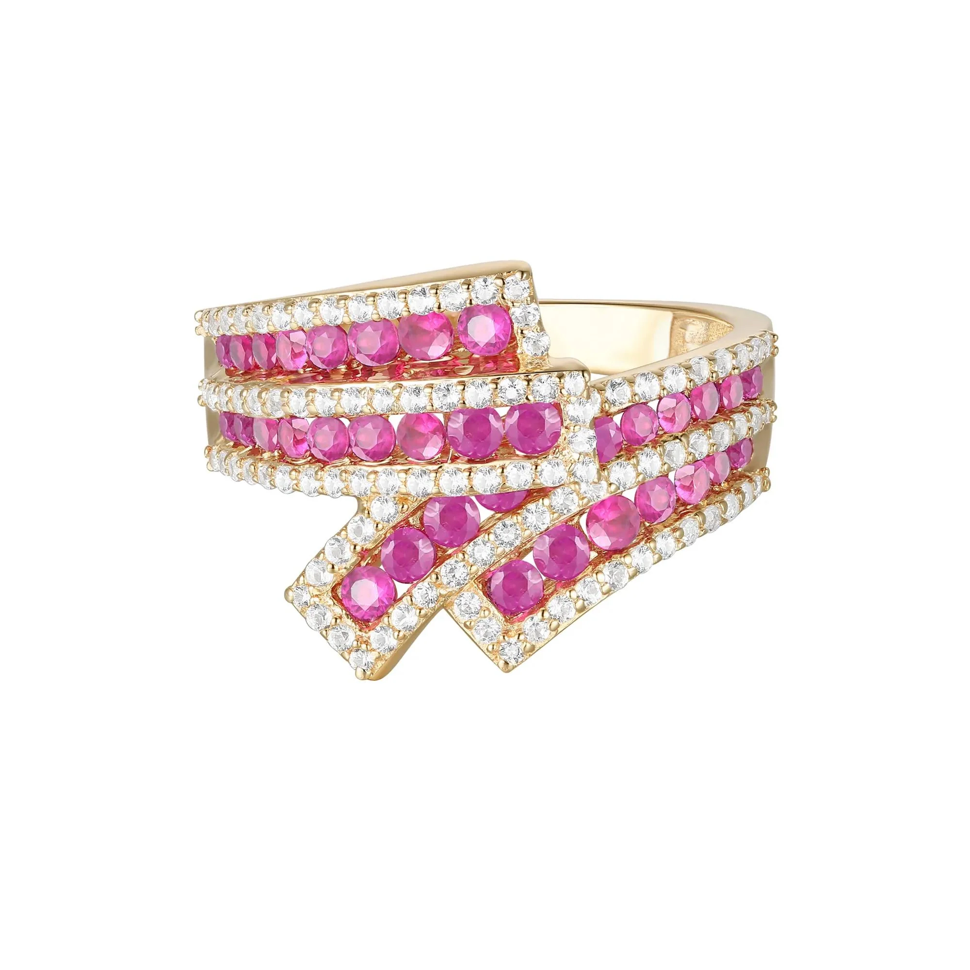 1/2 CT. Tw. Ruby and Diamond Ribbon Ring 10K Yellow Gold Round Brilliant Cut Size 7.5 1mm